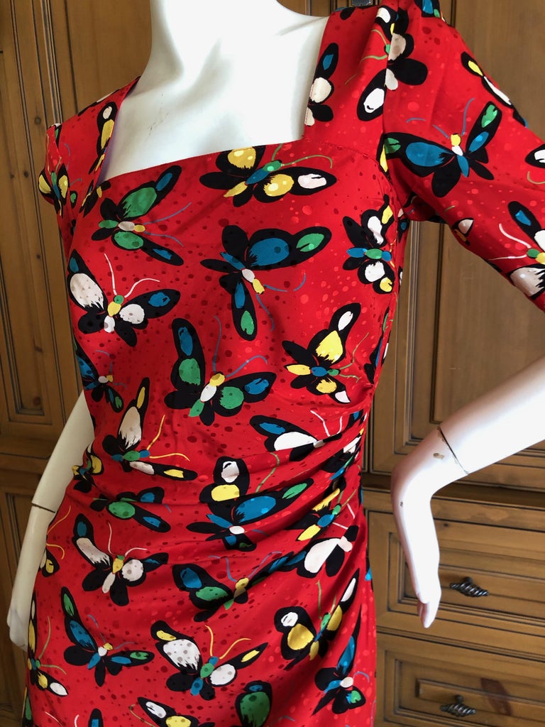 Emanuel Ungaro Parallel Vintage 1970's Red Silk Butterfly Print Dress ...