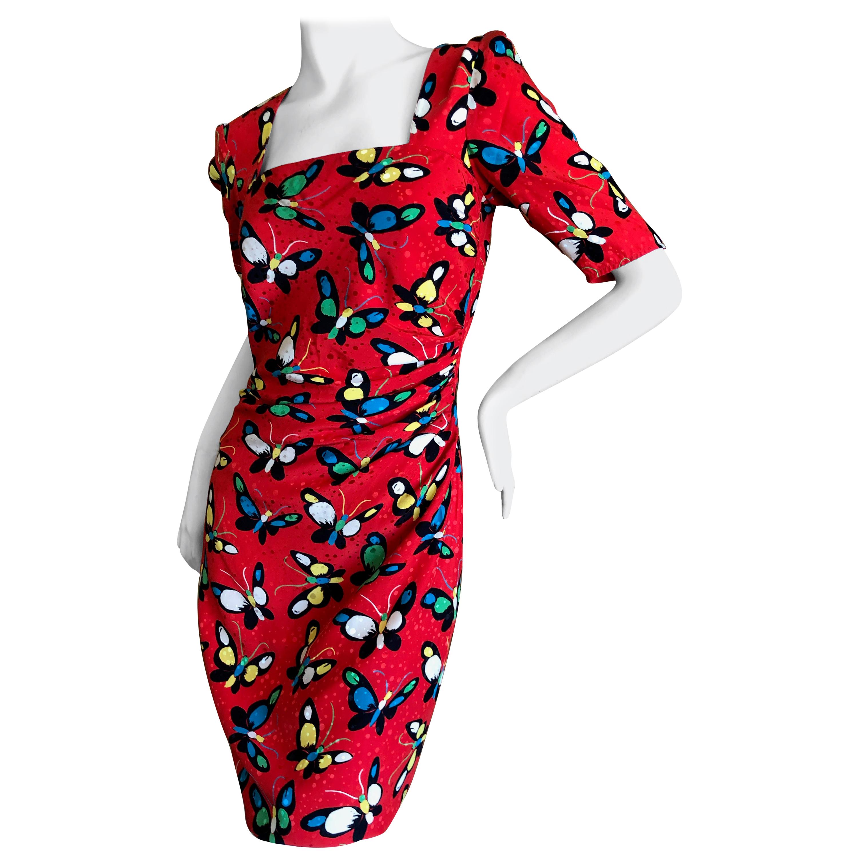 Emanuel Ungaro Parallel Vintage 1970's Red Silk Butterfly Print Dress For Sale