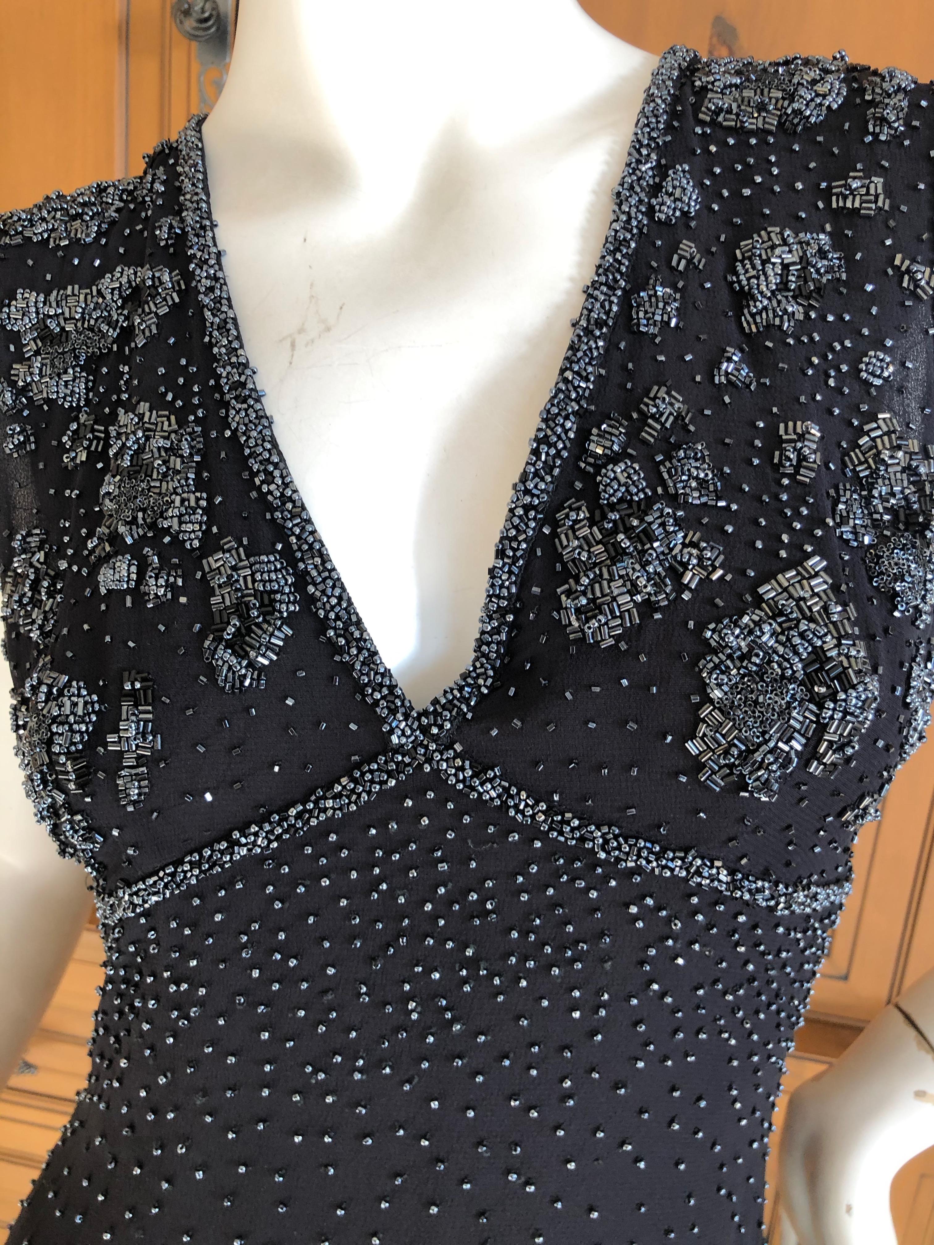 Emanuel Ungaro Parallel Vintage Black Evening Dress w Hematite Seed Bead Details In Excellent Condition For Sale In Cloverdale, CA