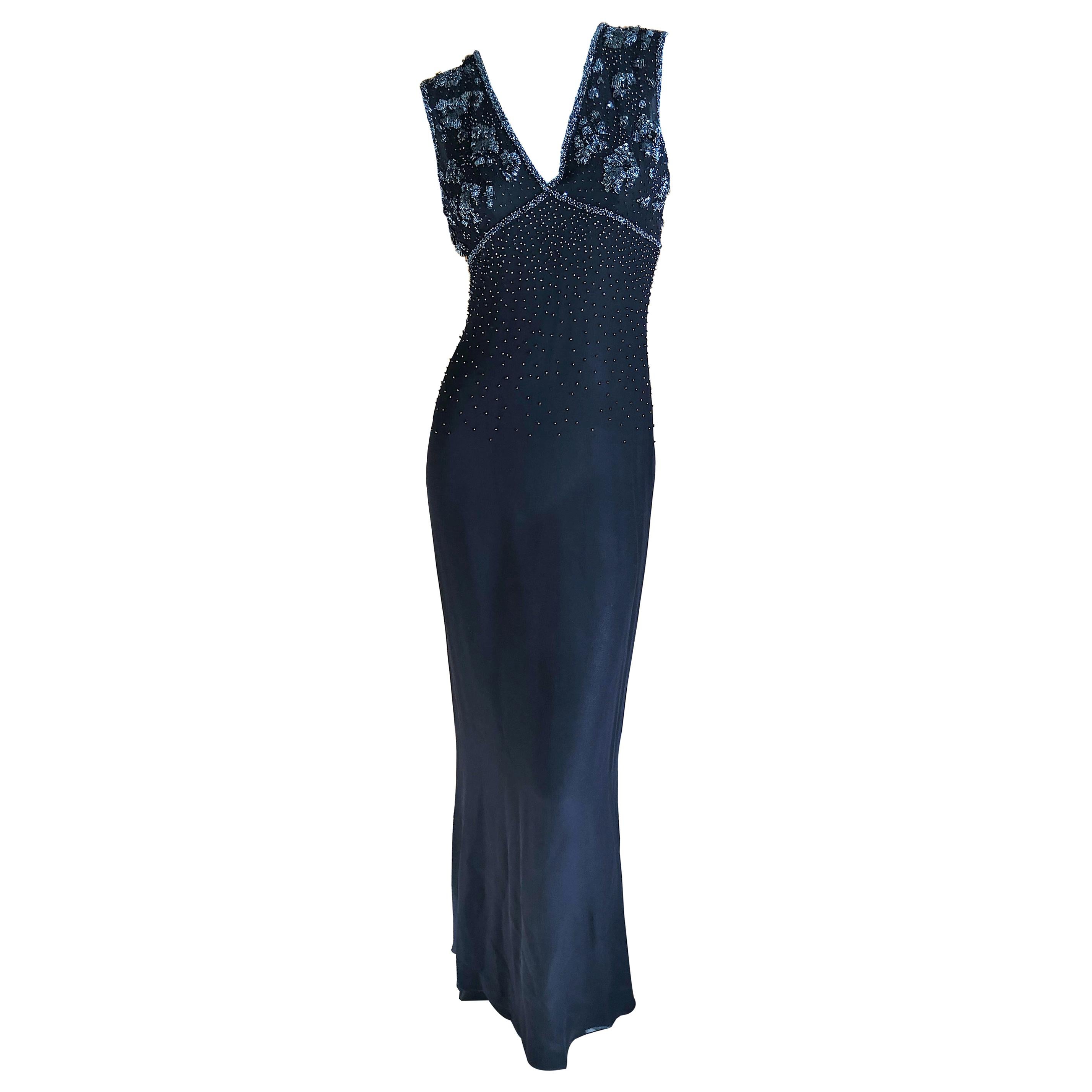 Emanuel Ungaro Parallel Vintage Black Evening Dress w Hematite Seed Bead Details For Sale