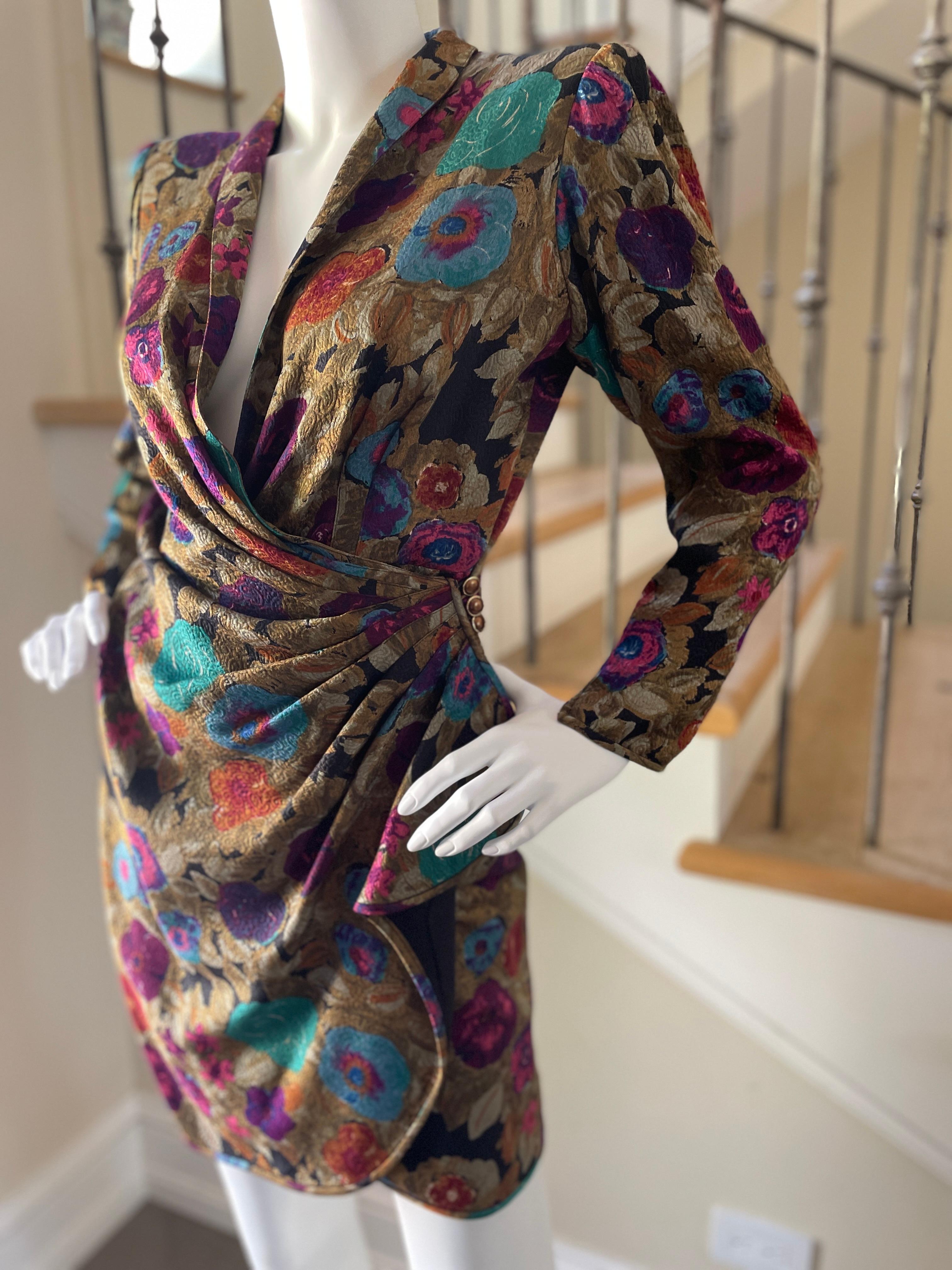 Emanuel Ungaro Parallel Vintage Starke Schulter Gold geblümtes Kleid mit seitlicher Volant (Schwarz)