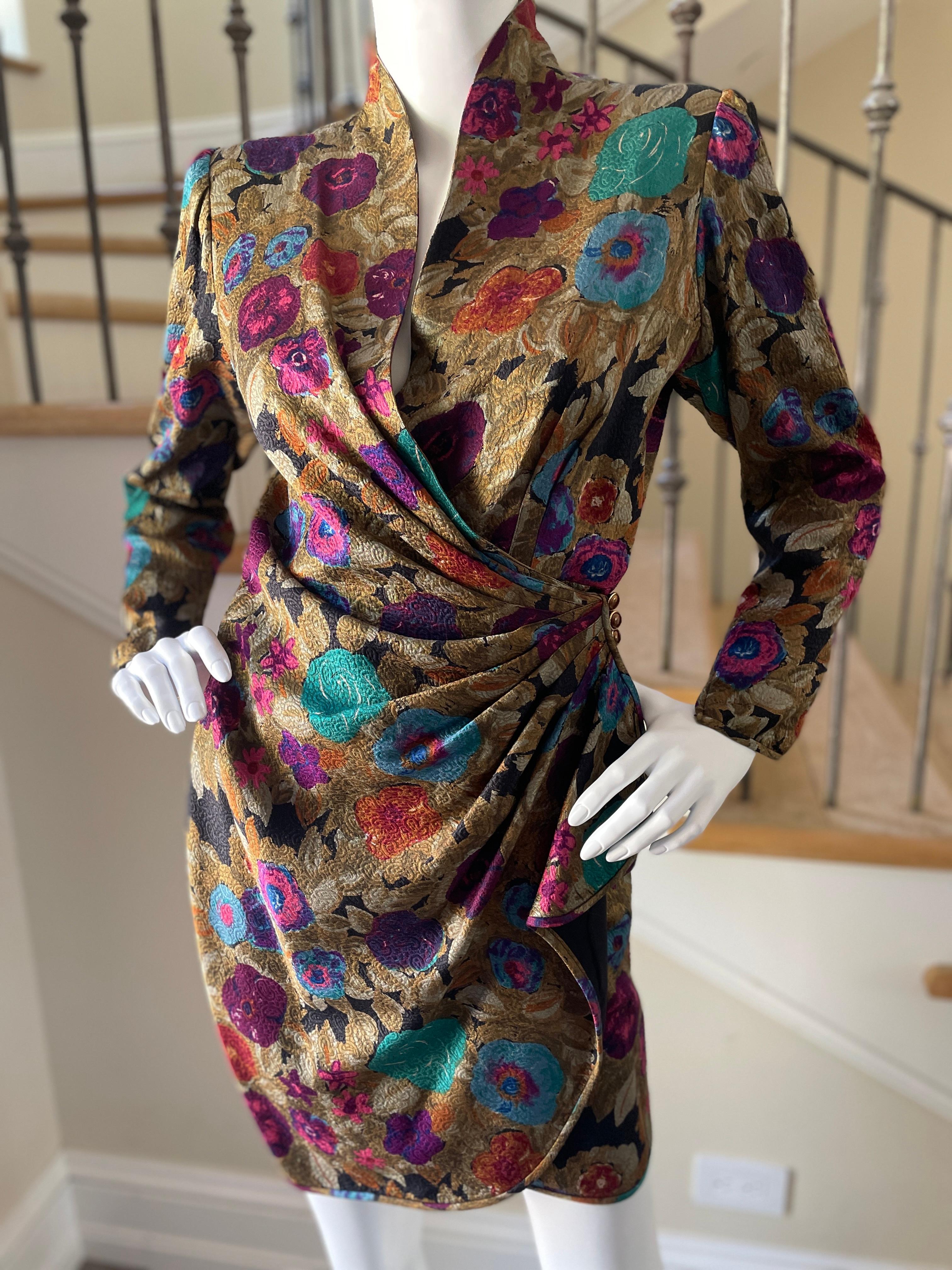 Emanuel Ungaro Parallel Vintage Starke Schulter Gold geblümtes Kleid mit seitlicher Volant 2