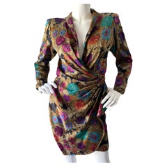 Emanuel Ungaro Parallel - Robe vintage à fleurs dorées et épaules fortes avec volants latéraux