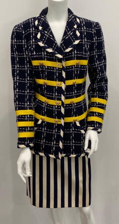 Emanuel Ungaro Parallele Chaqueta Boucle Azul Marino años 90 con falda - Talla 12