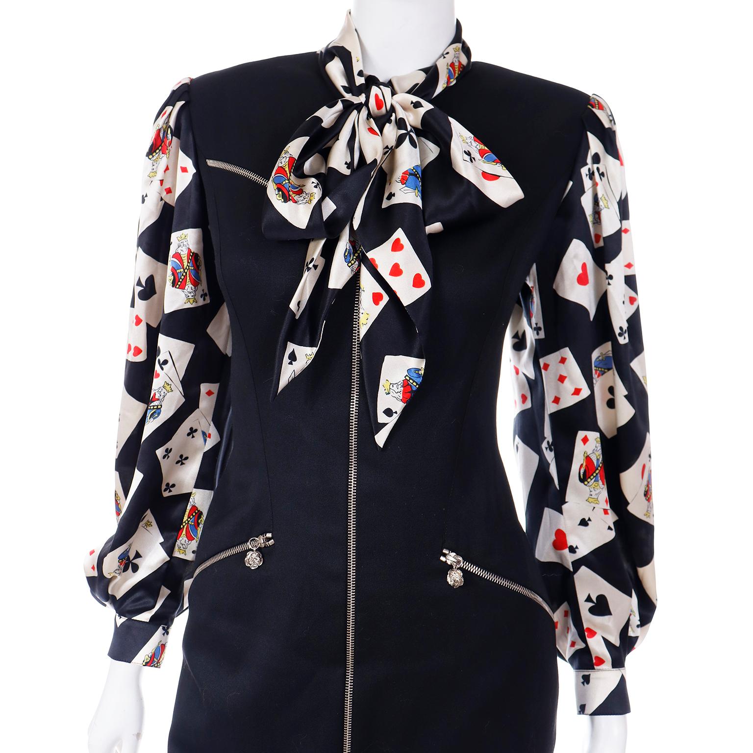 Emanuel Ungaro Parallele Vintage Black Dress W Silk Novelty Playing Card Blouse For Sale 6