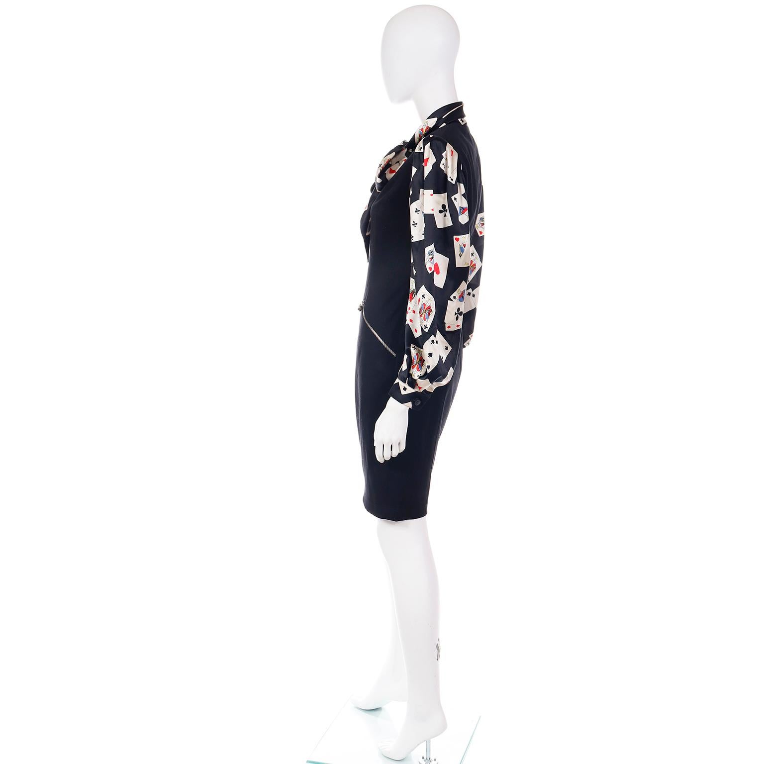 Women's Emanuel Ungaro Parallele Vintage Black Dress W Silk Novelty Playing Card Blouse