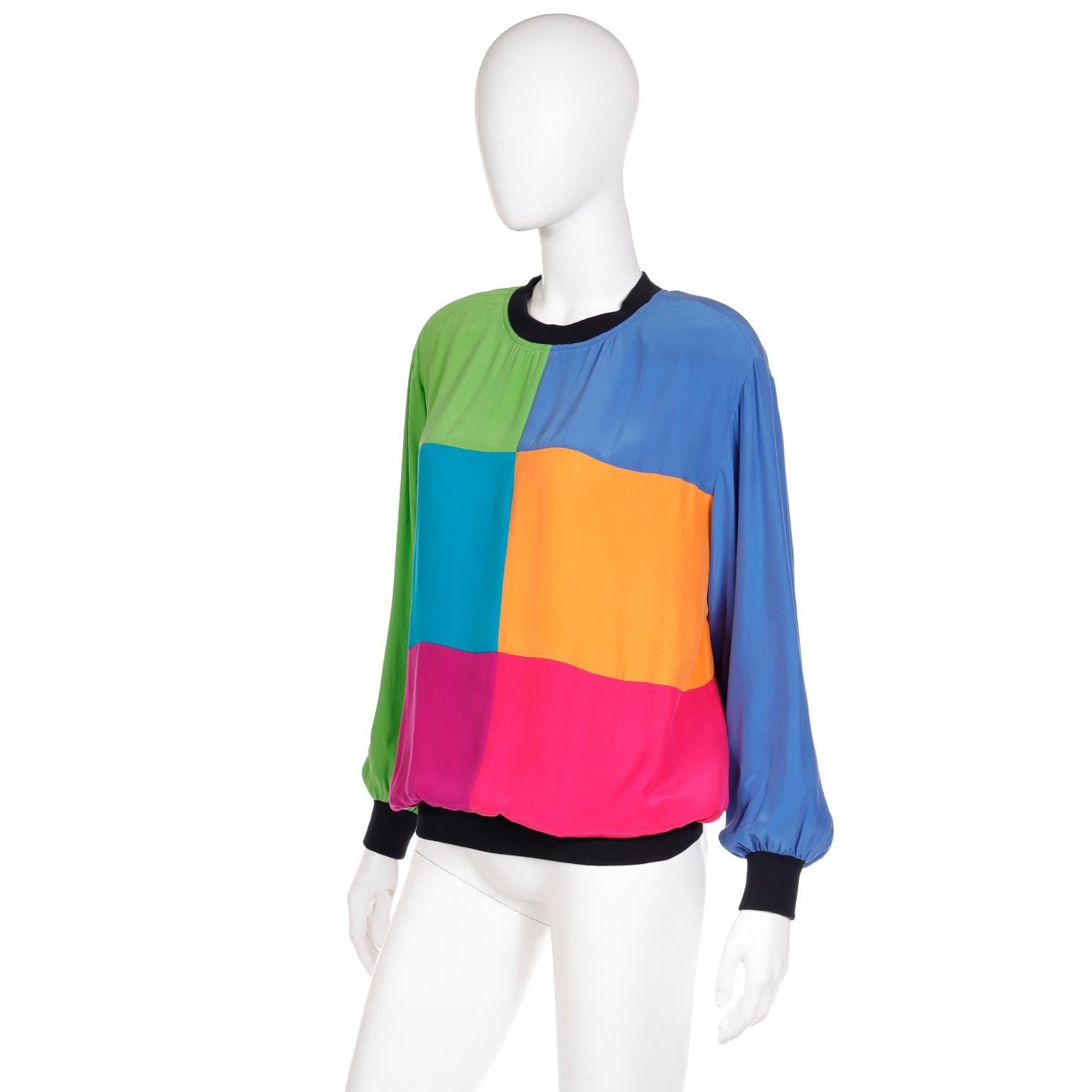 Emanuel Ungaro Parallele Vintage Pullover Color Block Silk Sweatshirt (Blau) im Angebot