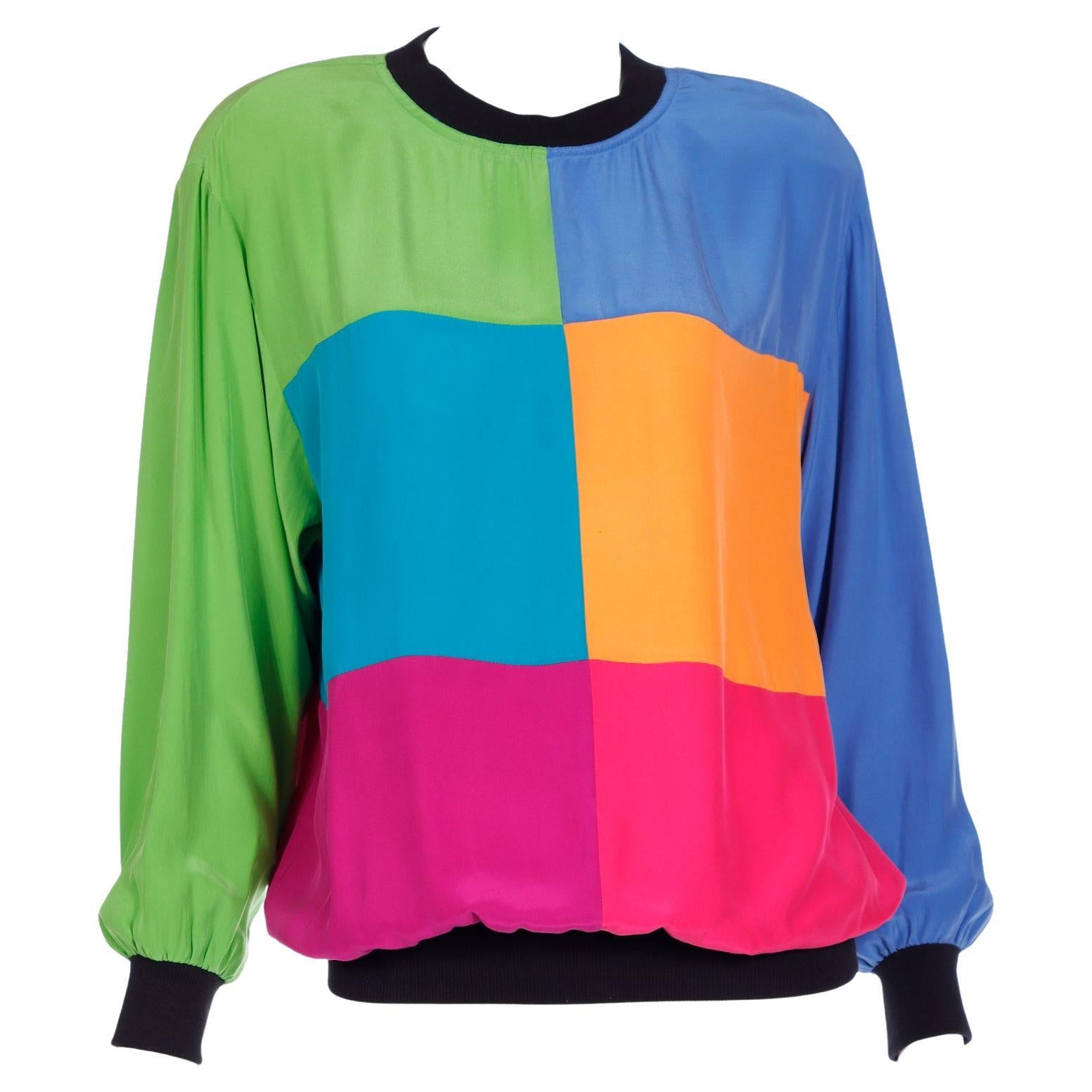 Emanuel Ungaro Parallele Vintage Pullover Color Block Silk Sweatshirt For Sale