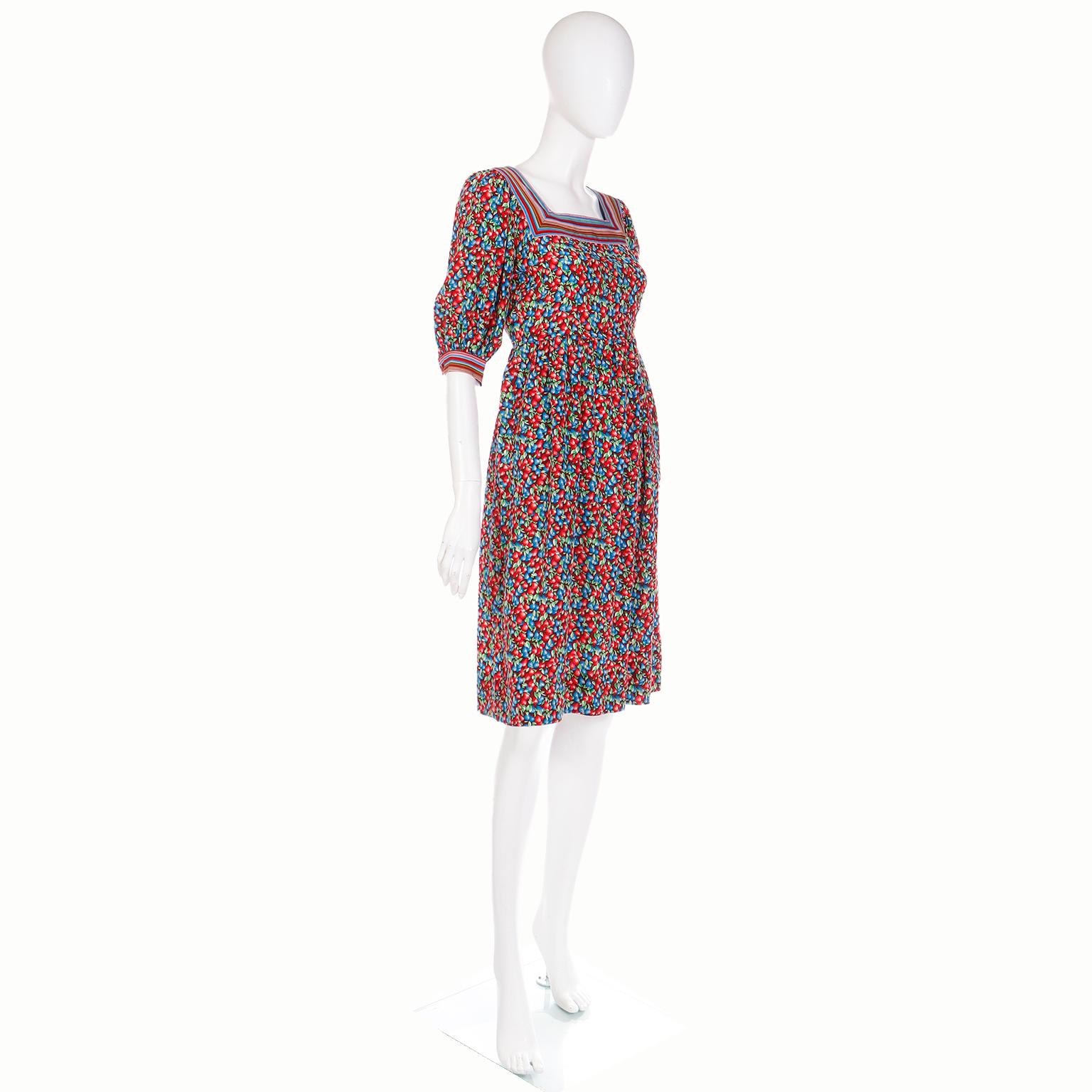 Brown Emanuel Ungaro Parallele Vintage Red &  Blue Berry Print Colorful Silk Dress For Sale