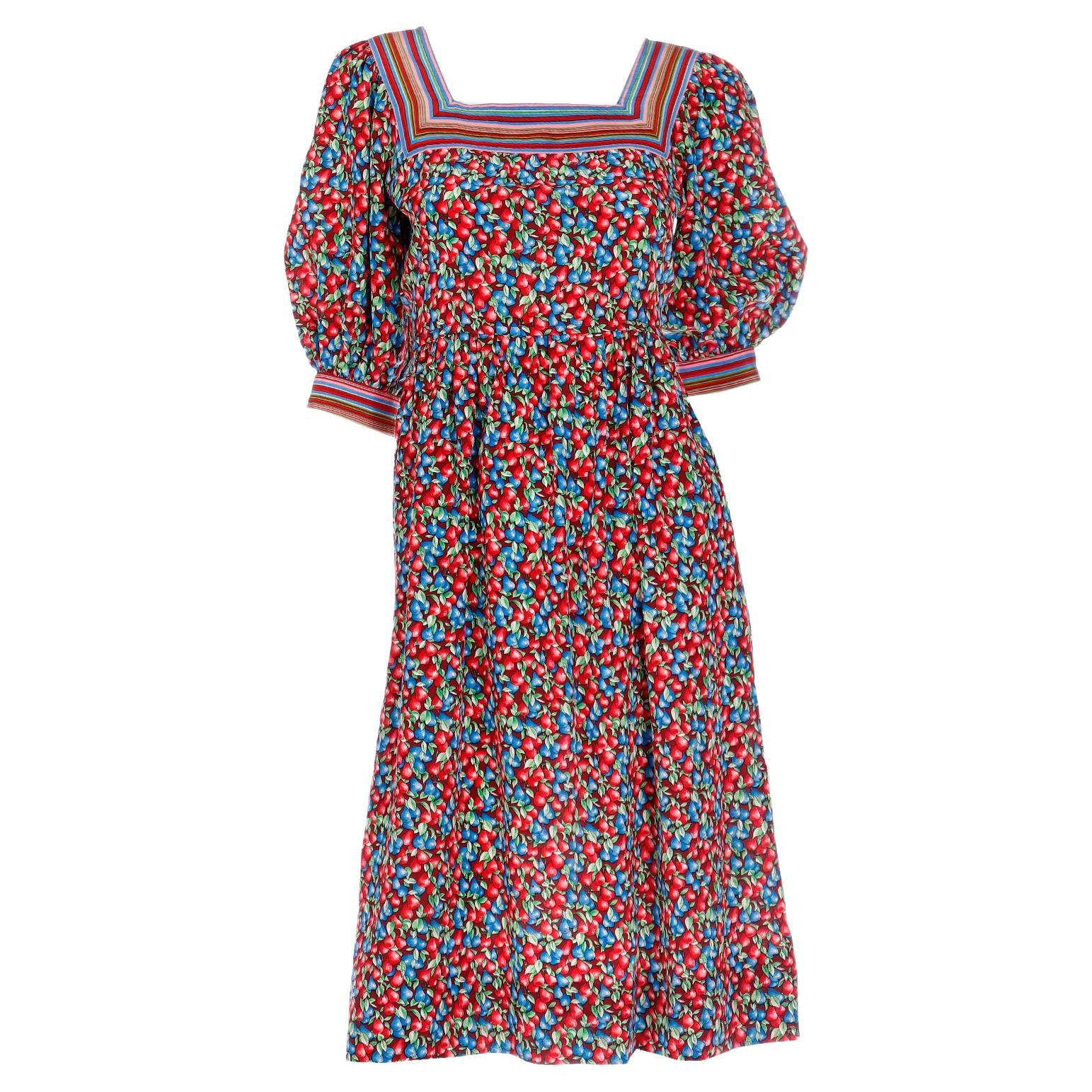 Emanuel Ungaro Parallele Vintage Red &  Blue Berry Print Colorful Silk Dress For Sale