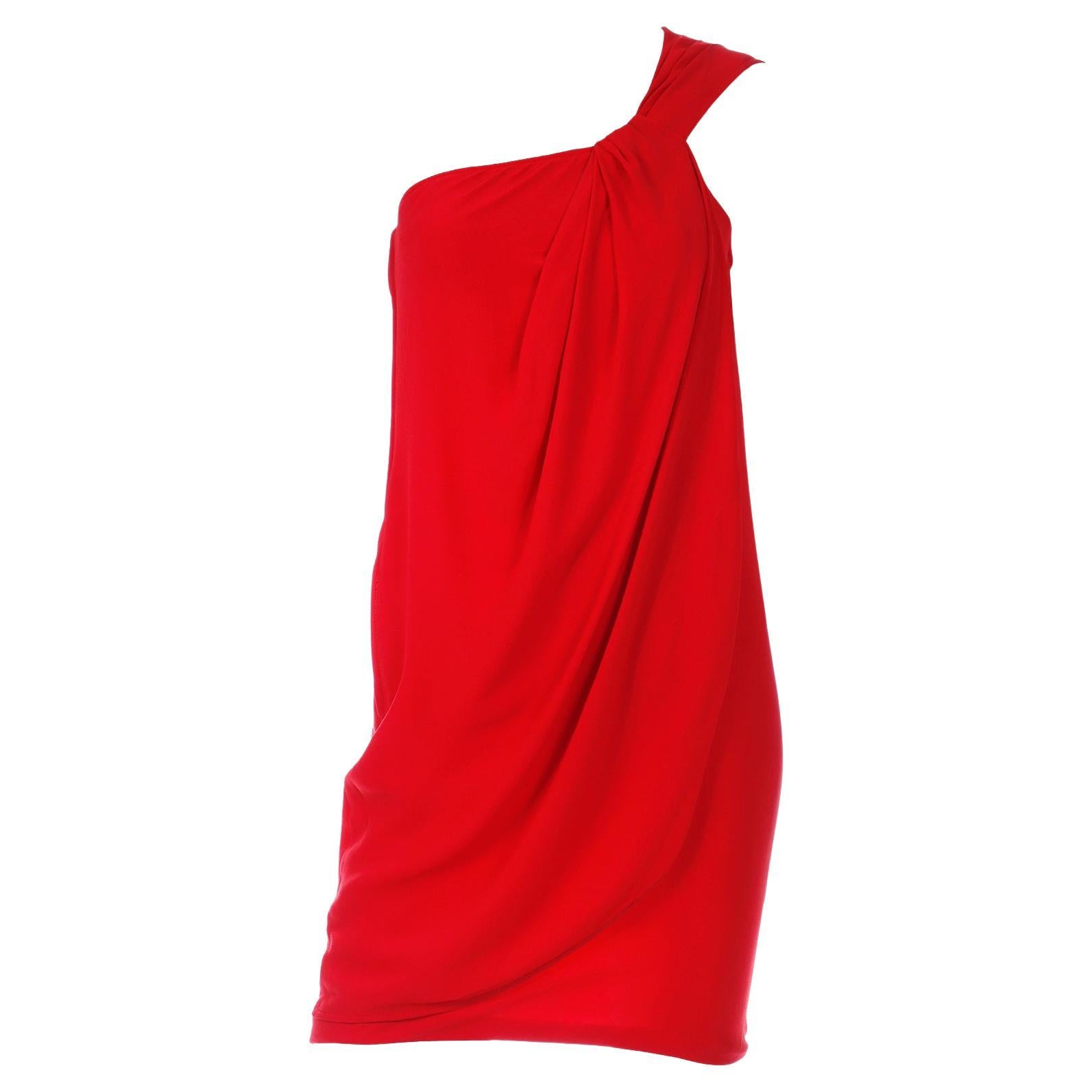 Emanuel Ungaro Parallele Vintage Red Silk One Shoulder Evening Dress For Sale