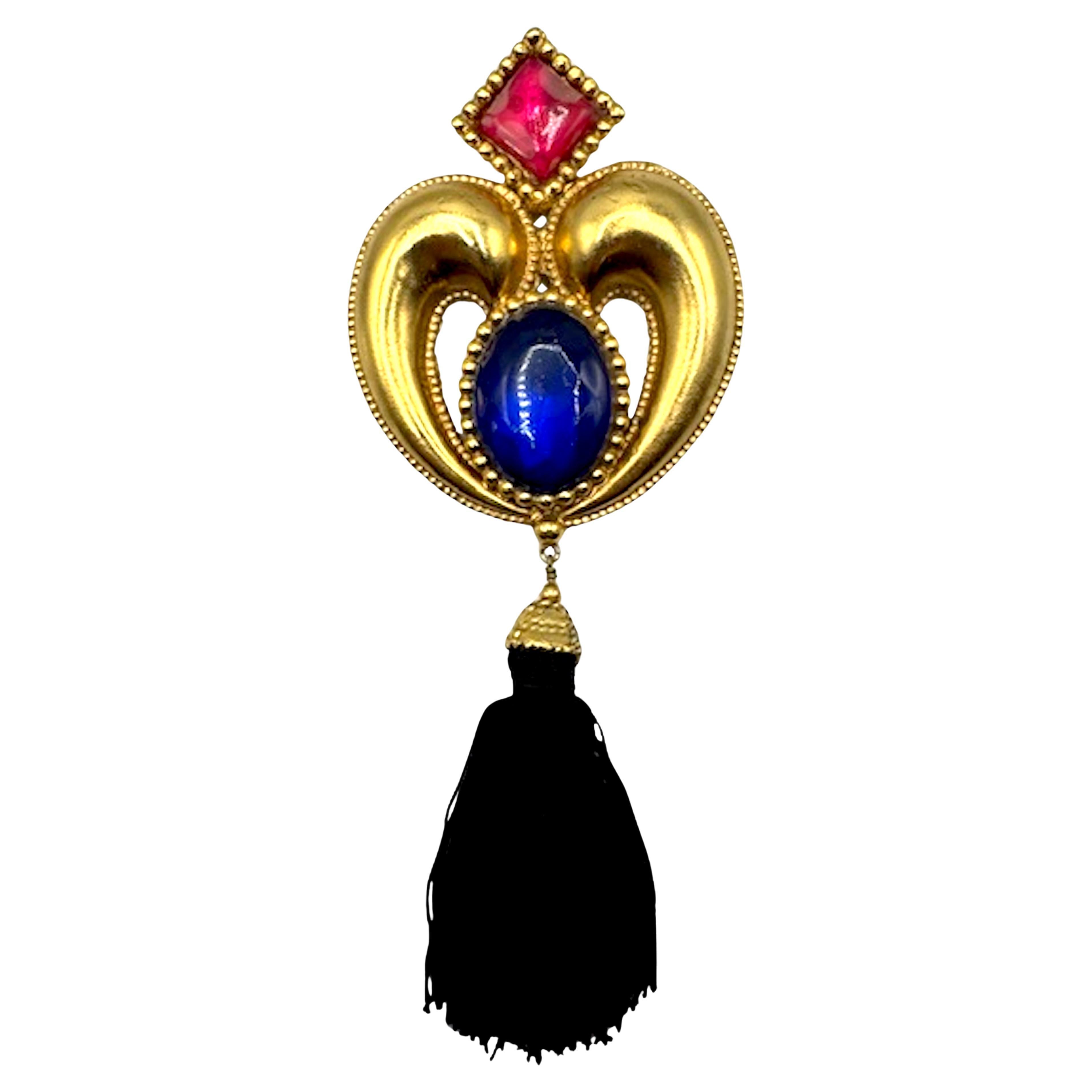 Emanuel Ungaro, Paris 1980s Large 7.5" Satin Gold, Jeweled Tassel Brooch For Sale