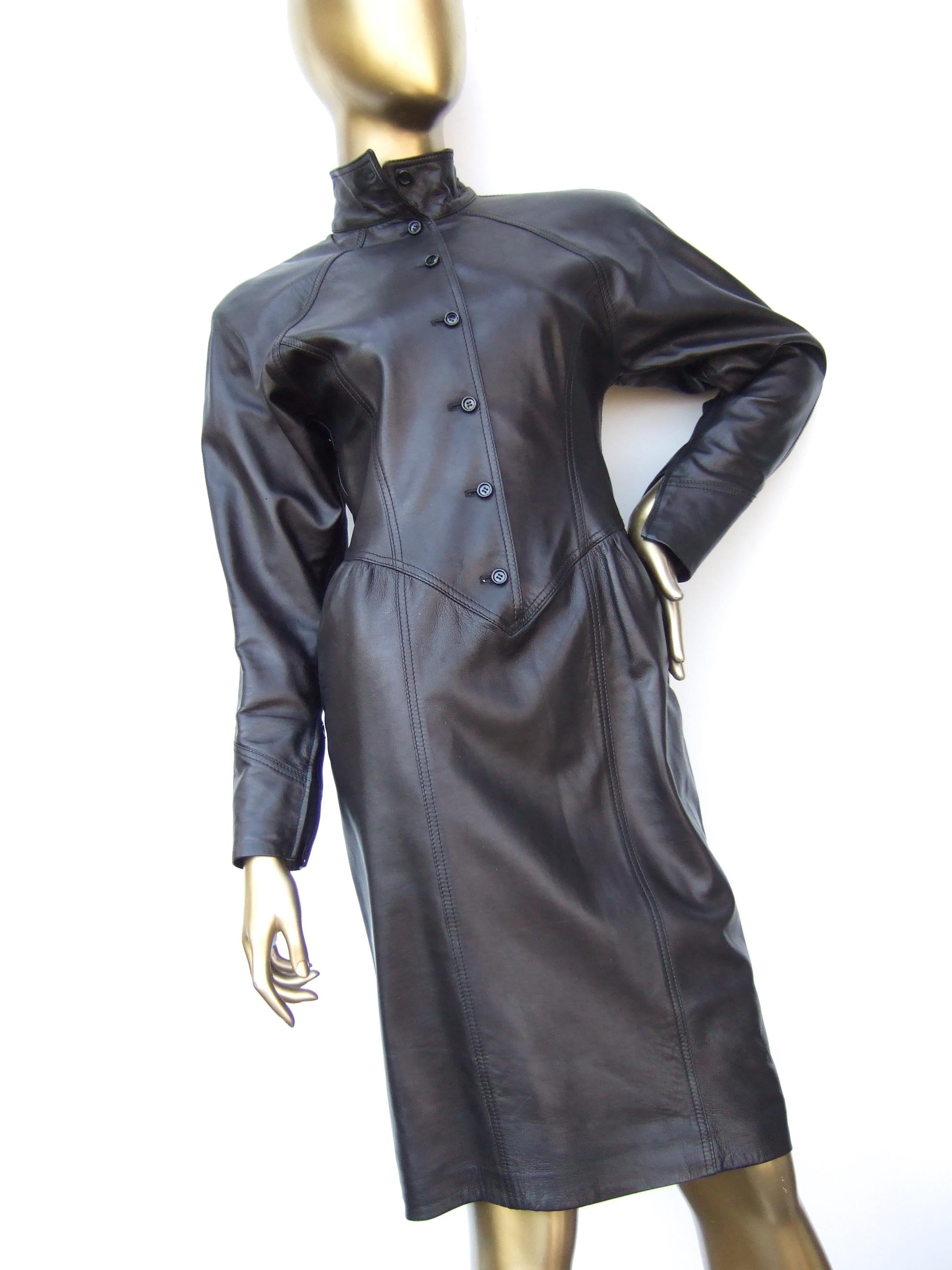 Emanuel Ungaro Paris Avant-garde Edgy Brown Leather Dress Made in Italy c 1980s For Sale 1