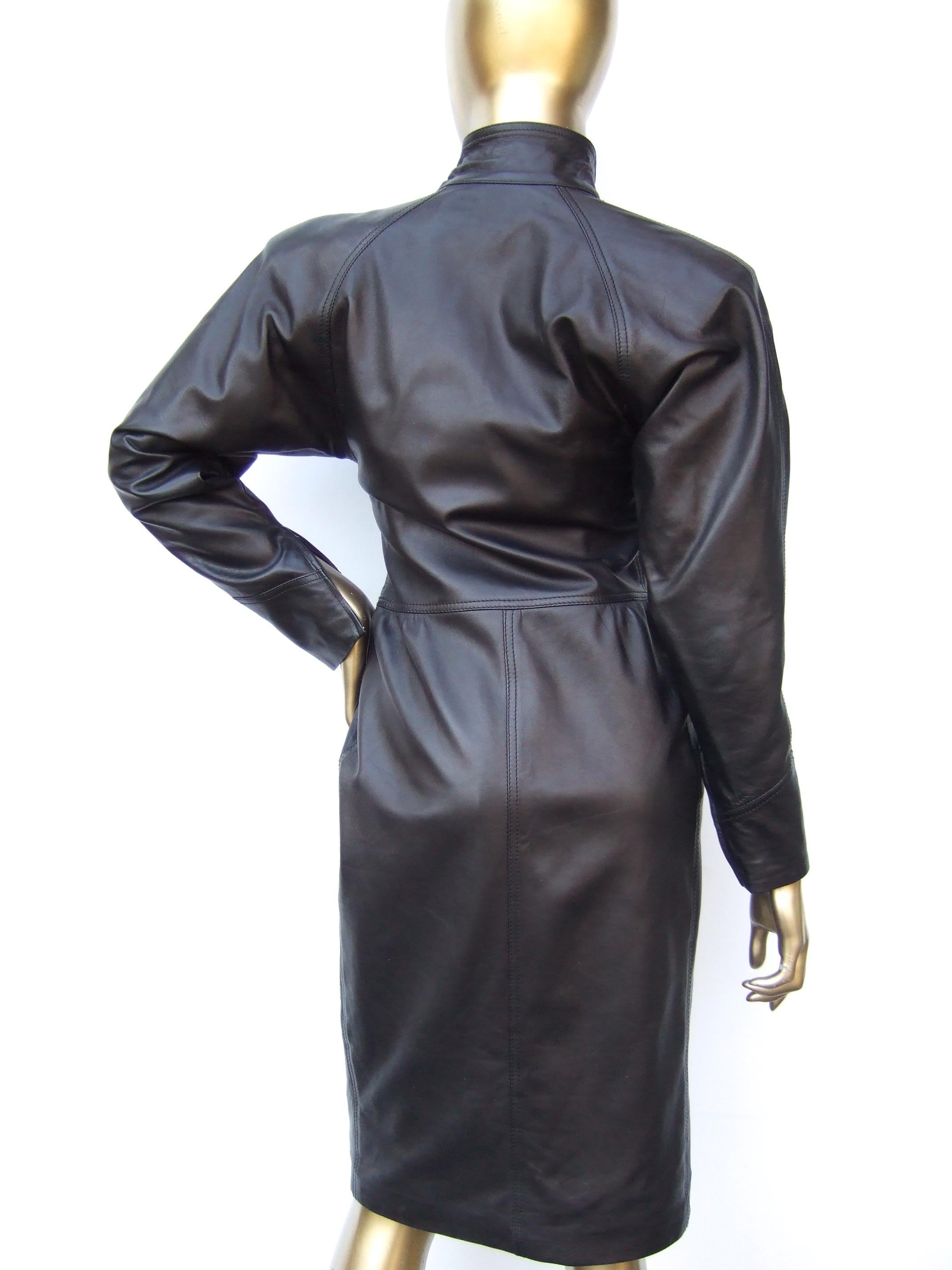 Emanuel Ungaro Paris Avant-garde Edgy Brown Leather Dress Made in Italy c 1980s For Sale 2
