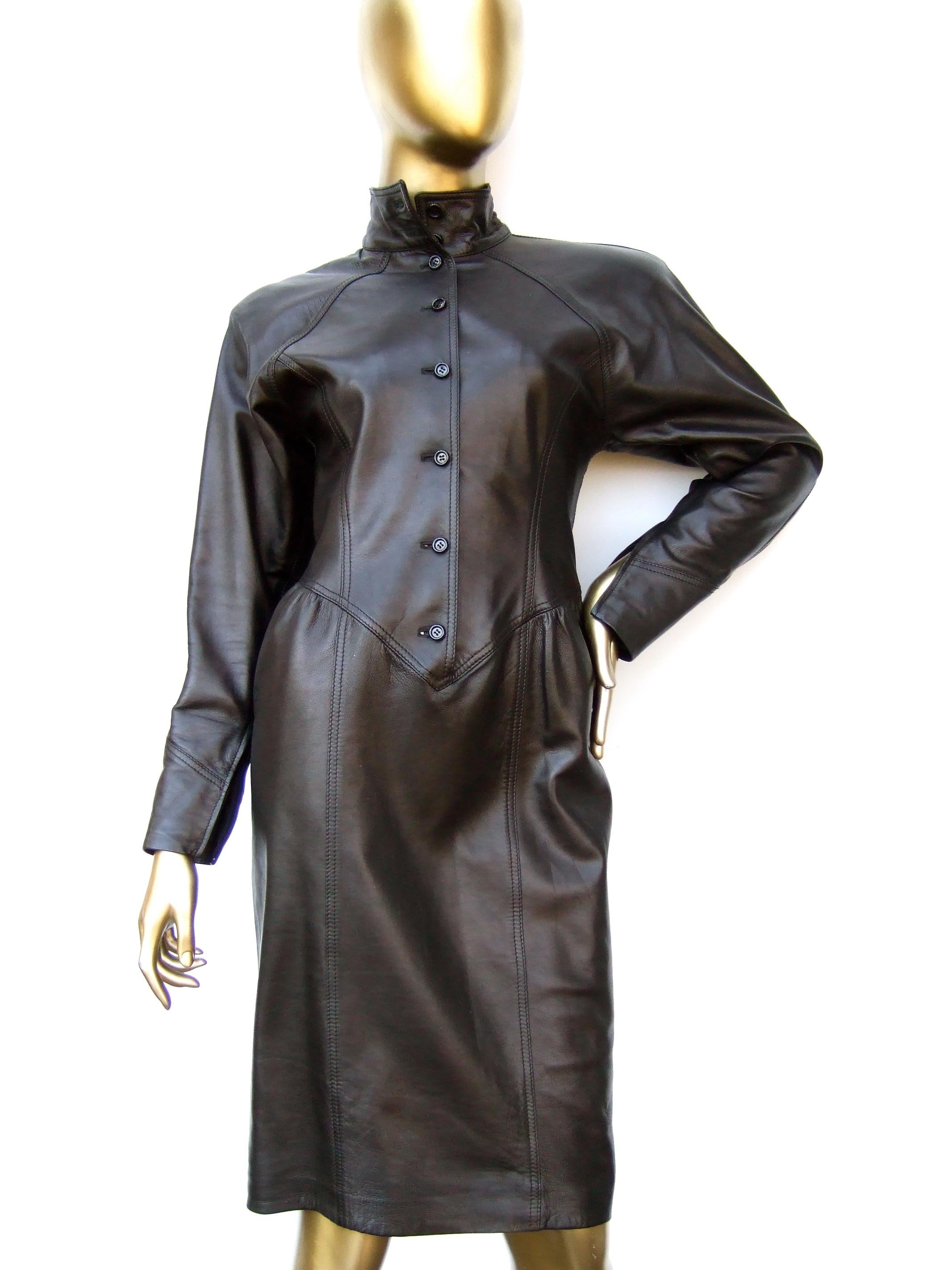 Emanuel Ungaro Paris Avant-garde Edgy Brown Leather Dress Made in Italy c 1980s For Sale 4