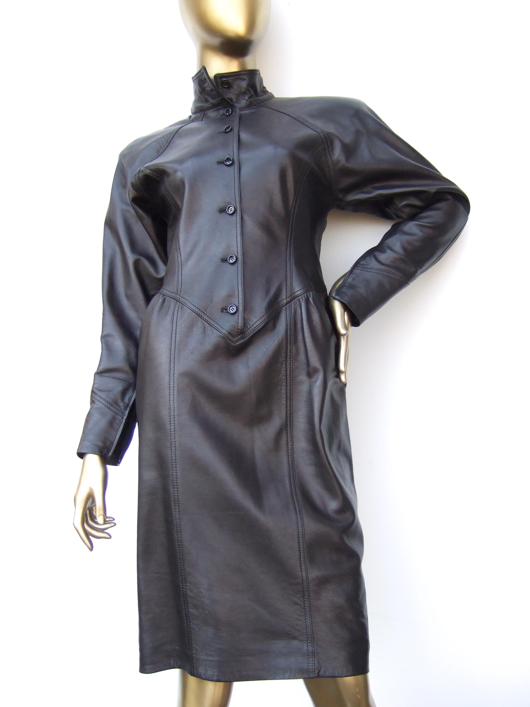 Emanuel Ungaro Paris Avant-garde Edgy Brown Leather Dress Made in Italy c 1980s For Sale 9