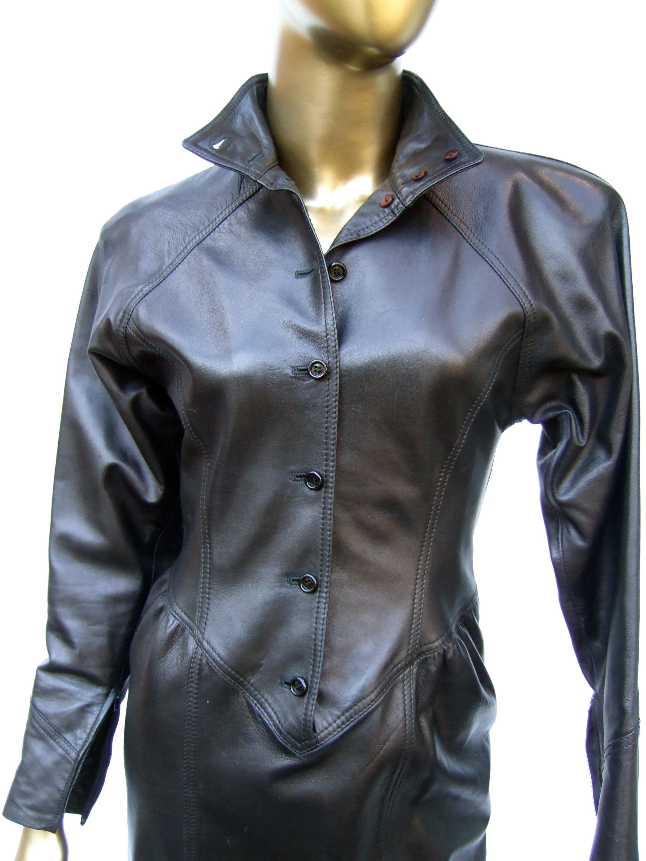 Women's Emanuel Ungaro Paris Avant-garde Edgy Brown Leather Dress Made in Italy c 1980s For Sale