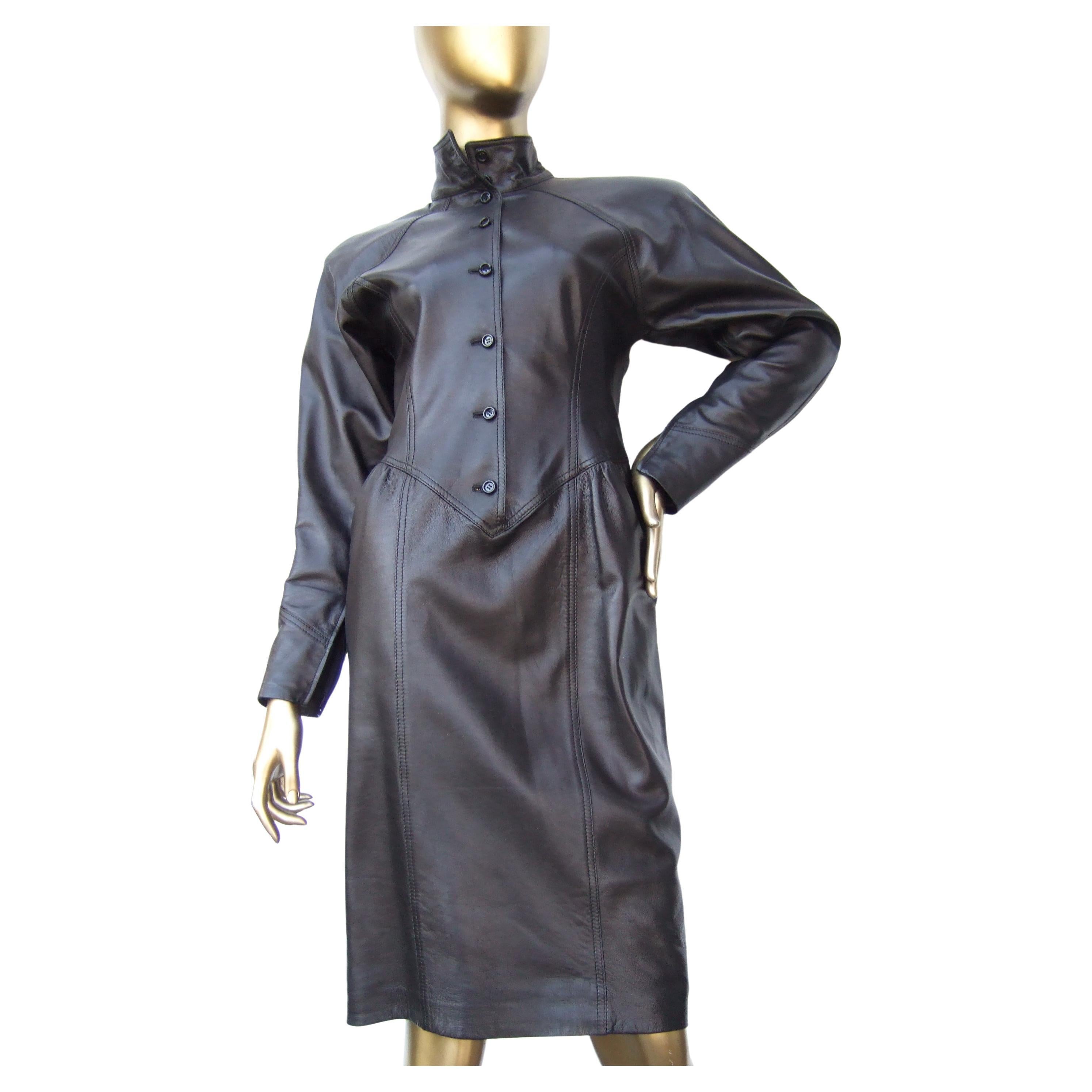 Emanuel Ungaro Paris Avant-garde Edgy Brown Leather Dress Made in Italy c 1980s For Sale
