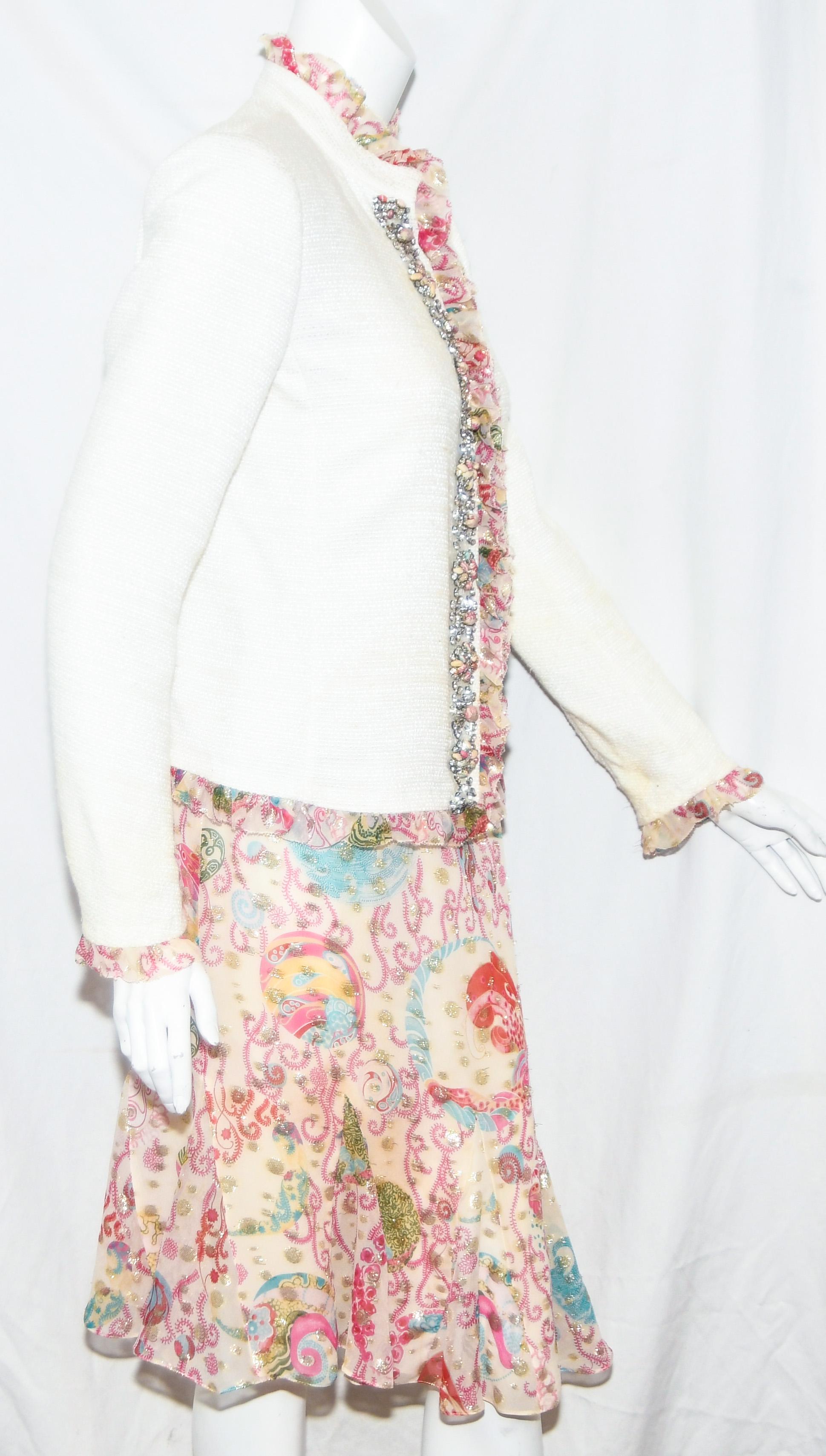 White Emanuel Ungaro Paris Pink & Ivory Metallic Tweed Ruffled  3 pc Suit For Sale