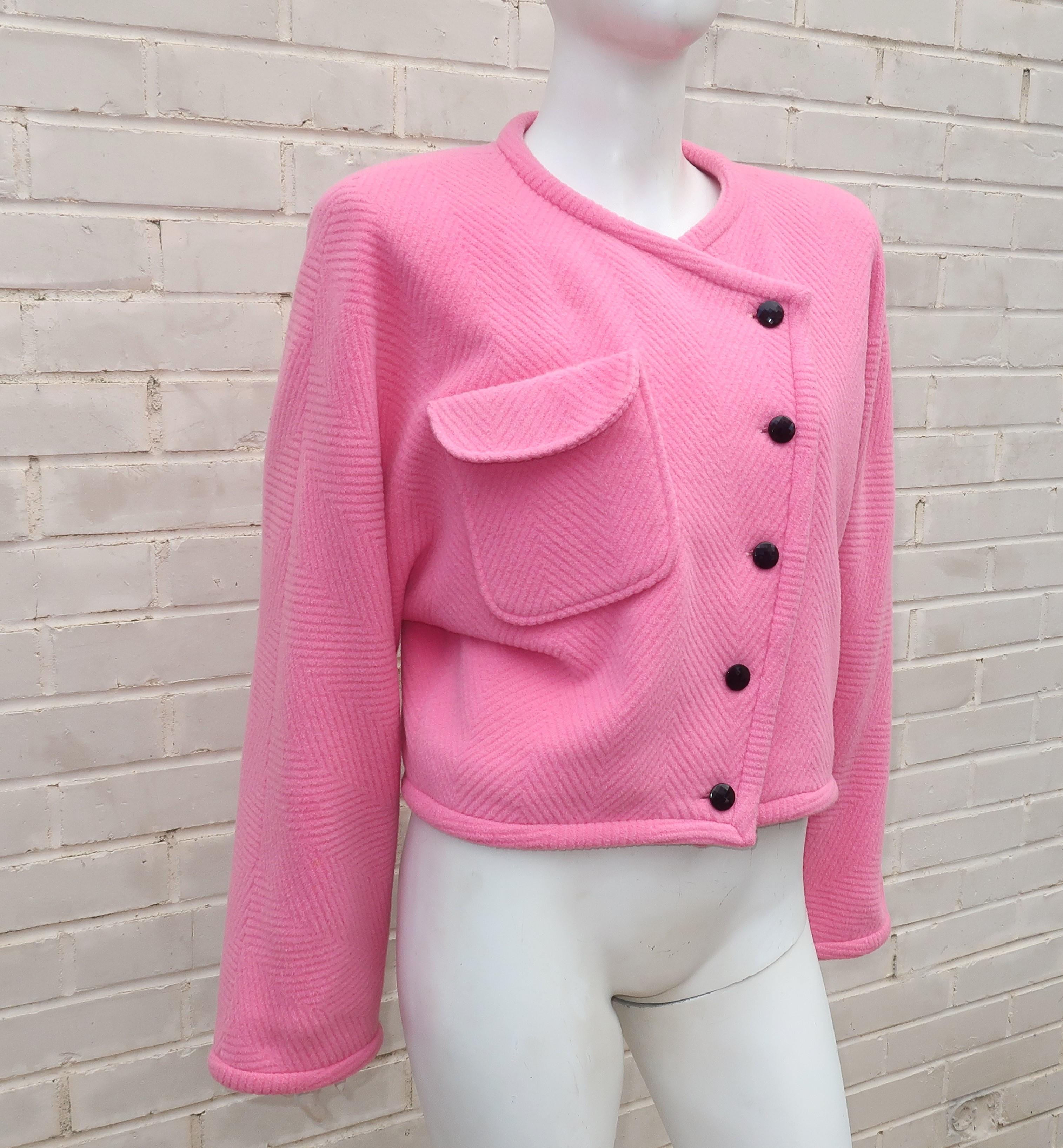 Emanuel Ungaro Pink Herringbone Wool Cropped Jacket, 1980's In Fair Condition In Atlanta, GA