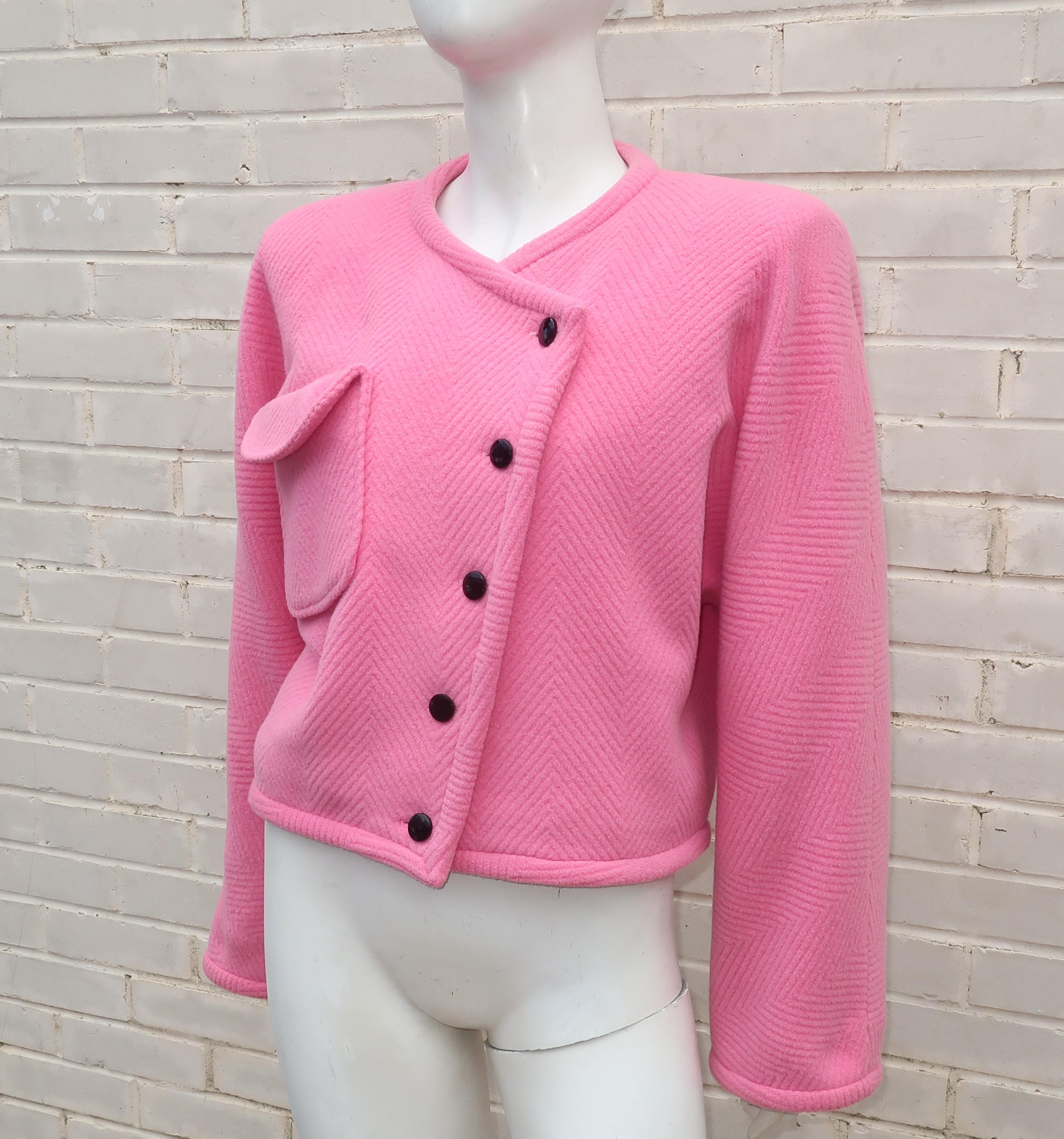 Emanuel Ungaro Pink Herringbone Wool Cropped Jacket, 1980's 1