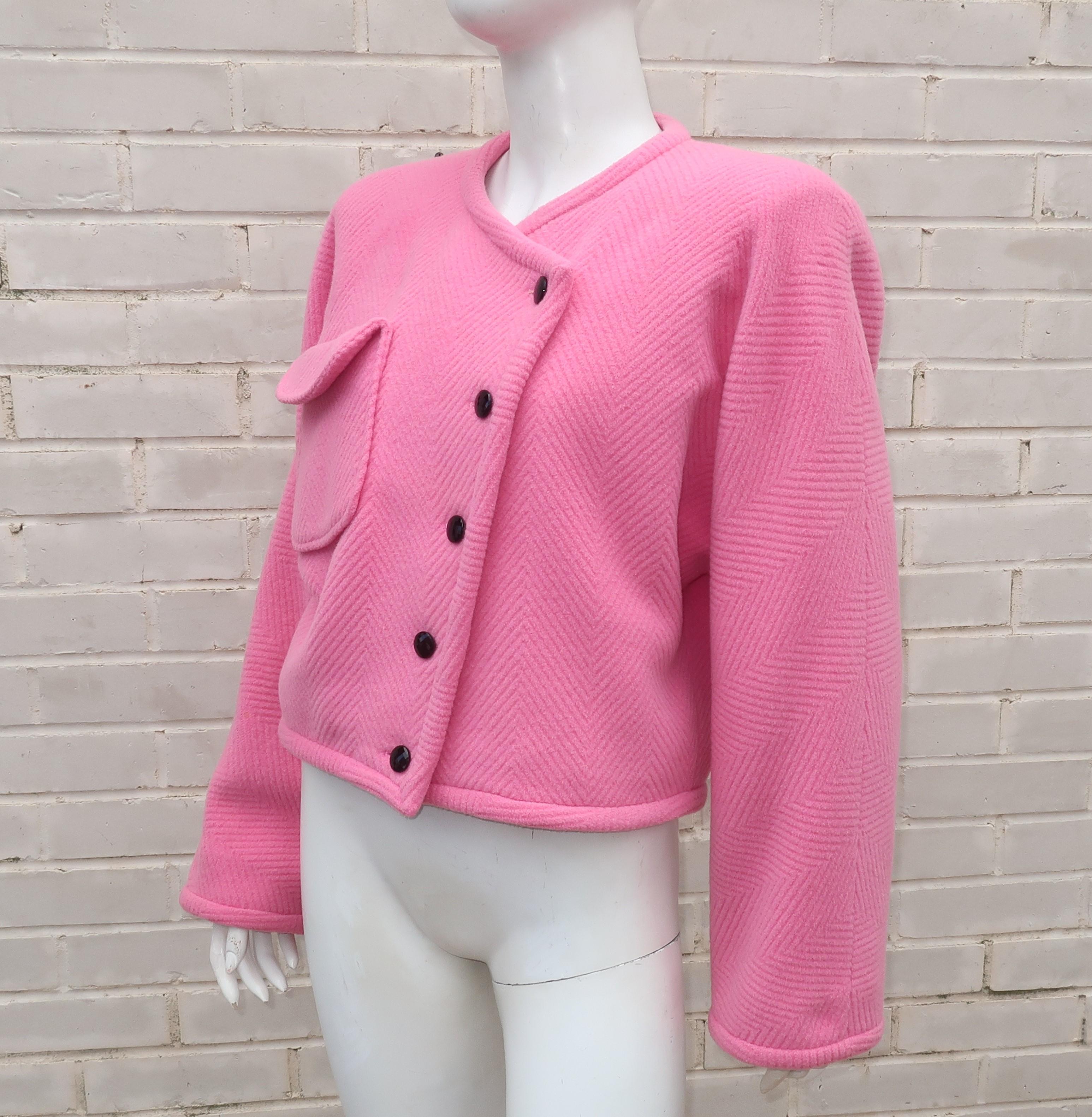 Emanuel Ungaro Pink Herringbone Wool Cropped Jacket, 1980's 2