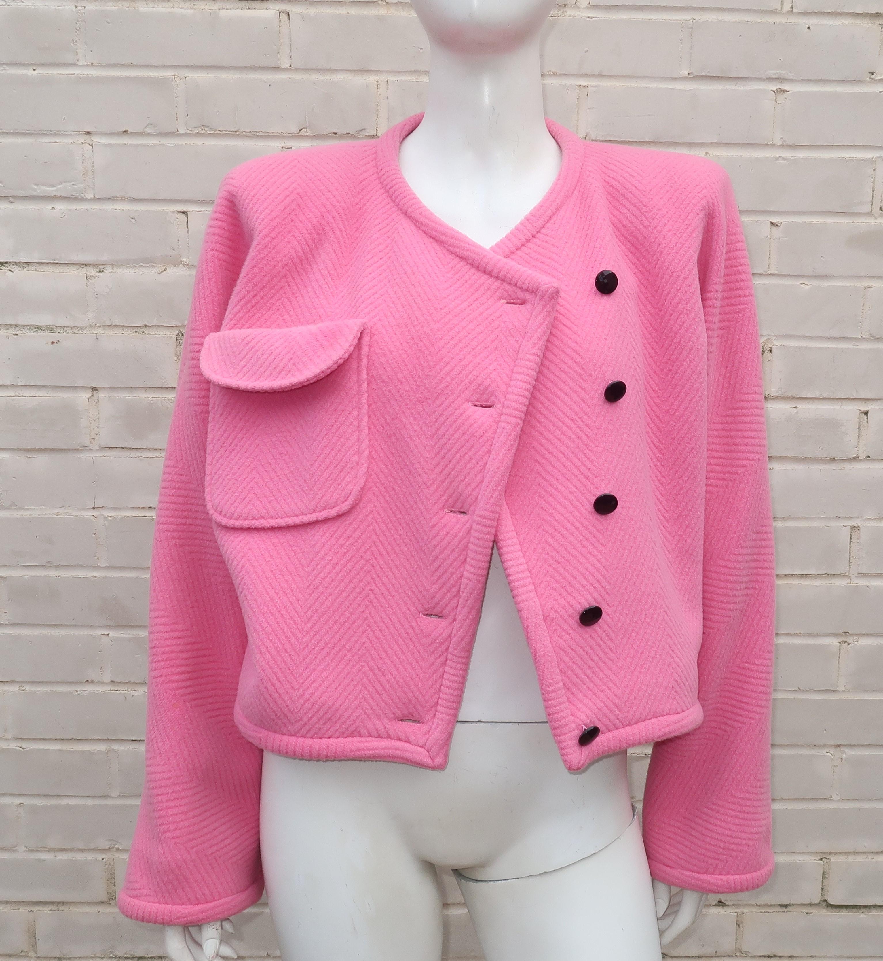 Emanuel Ungaro Pink Herringbone Wool Cropped Jacket, 1980's 4