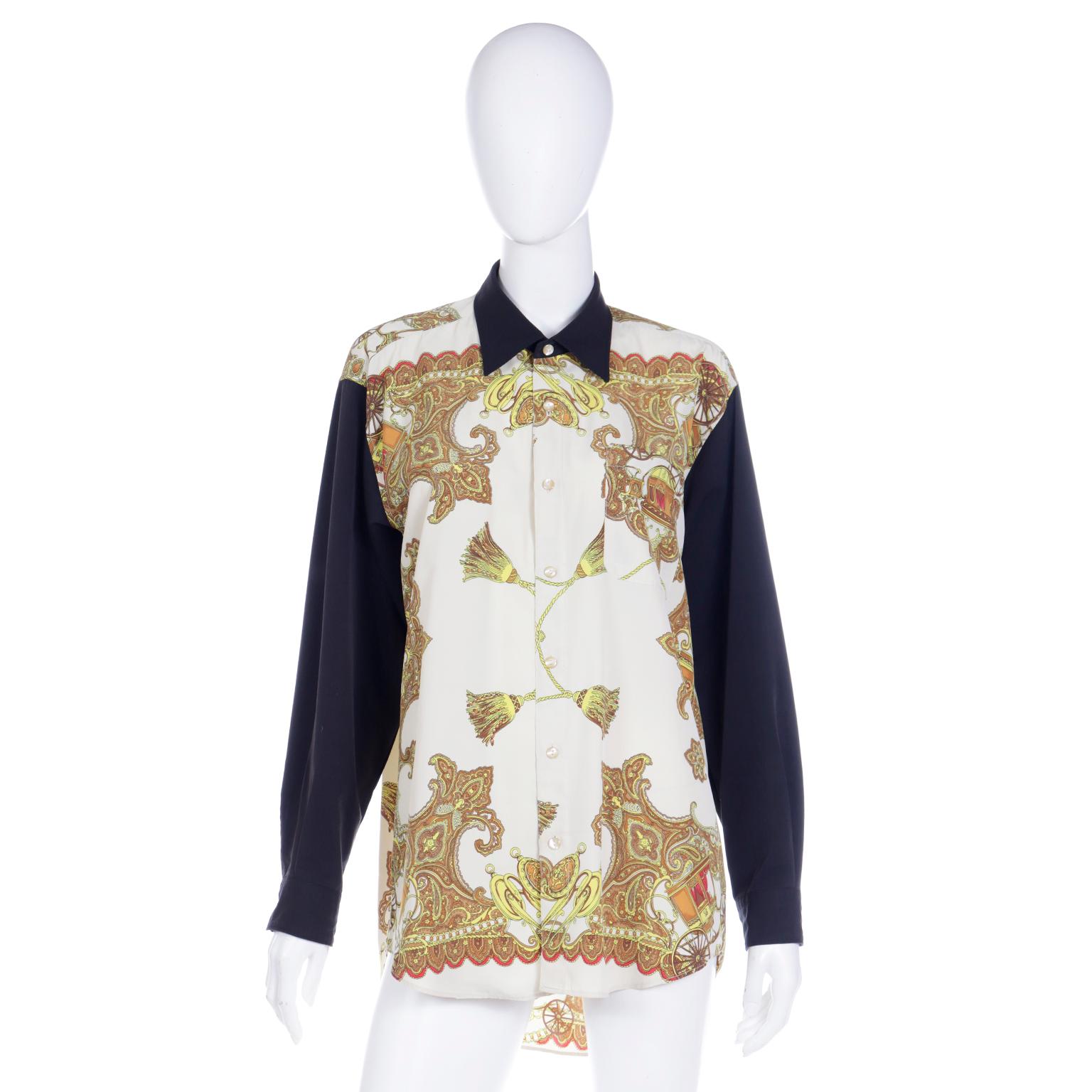 We love Emanuel Ungaro and we instantly loved this fabulous baroque print shirt! This silky button front shirt was made for a man but can easily be worn oversized by a woman, and it was a woman who originally owned this one! The torso and shoulders