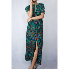Emanuel Ungaro printed crepe and linen hostess maxi dress. circa 1970