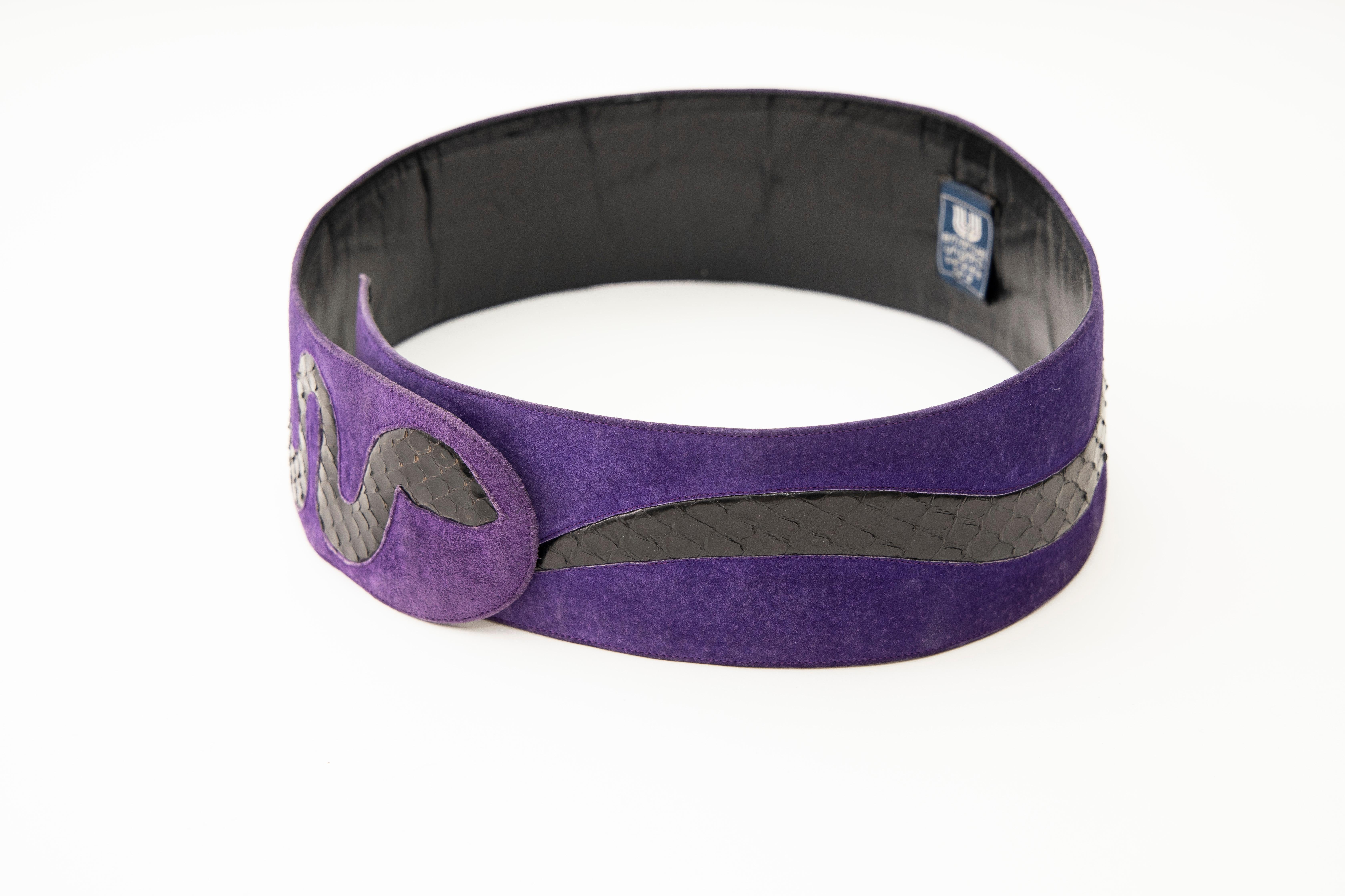 Emanuel Ungaro Purple Suede Belt With Black Snakeskin Trim, Circa: 1970's 5