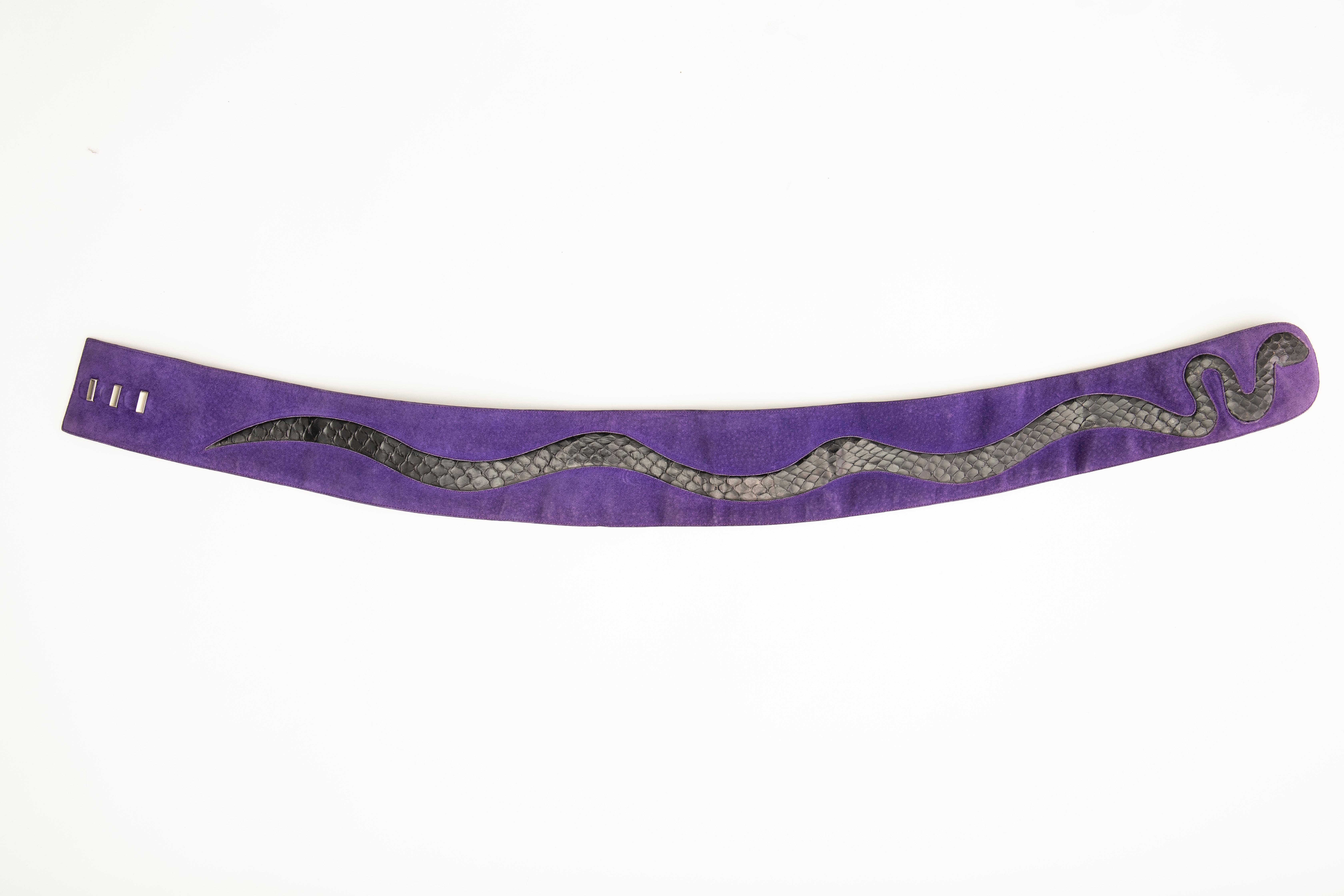 Emanuel Ungaro Purple Suede Belt With Black Snakeskin Trim, Circa: 1970's 7