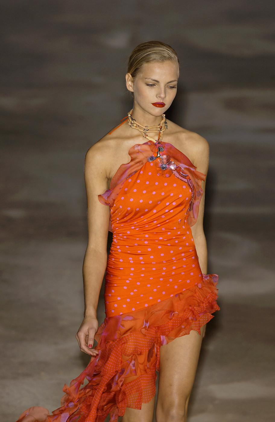 Red Emanuel Ungaro red and pink silk halter neck ruffled evening dress, ss 2003