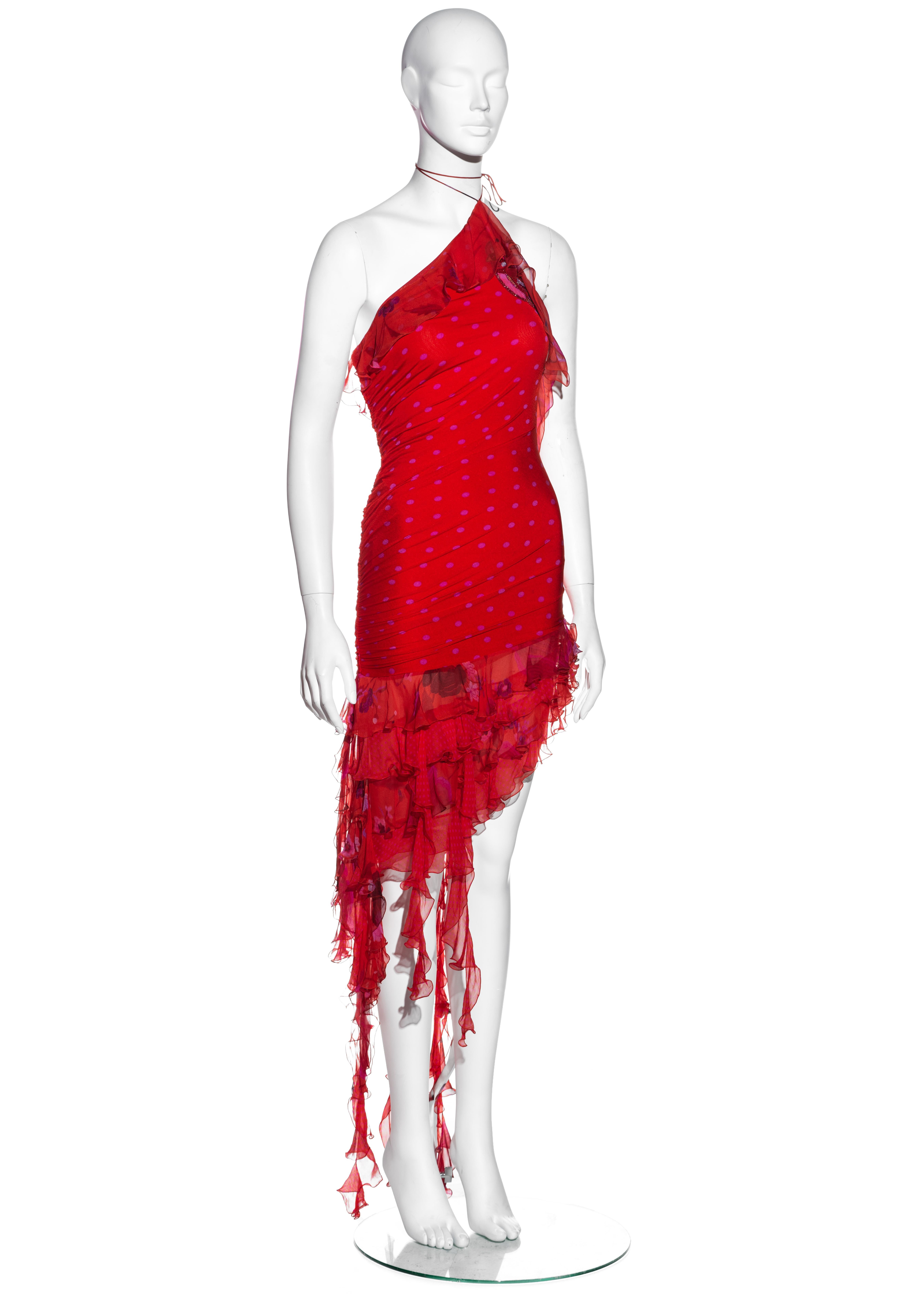 Women's or Men's Emanuel Ungaro red and pink silk halter neck ruffled evening dress, ss 2003