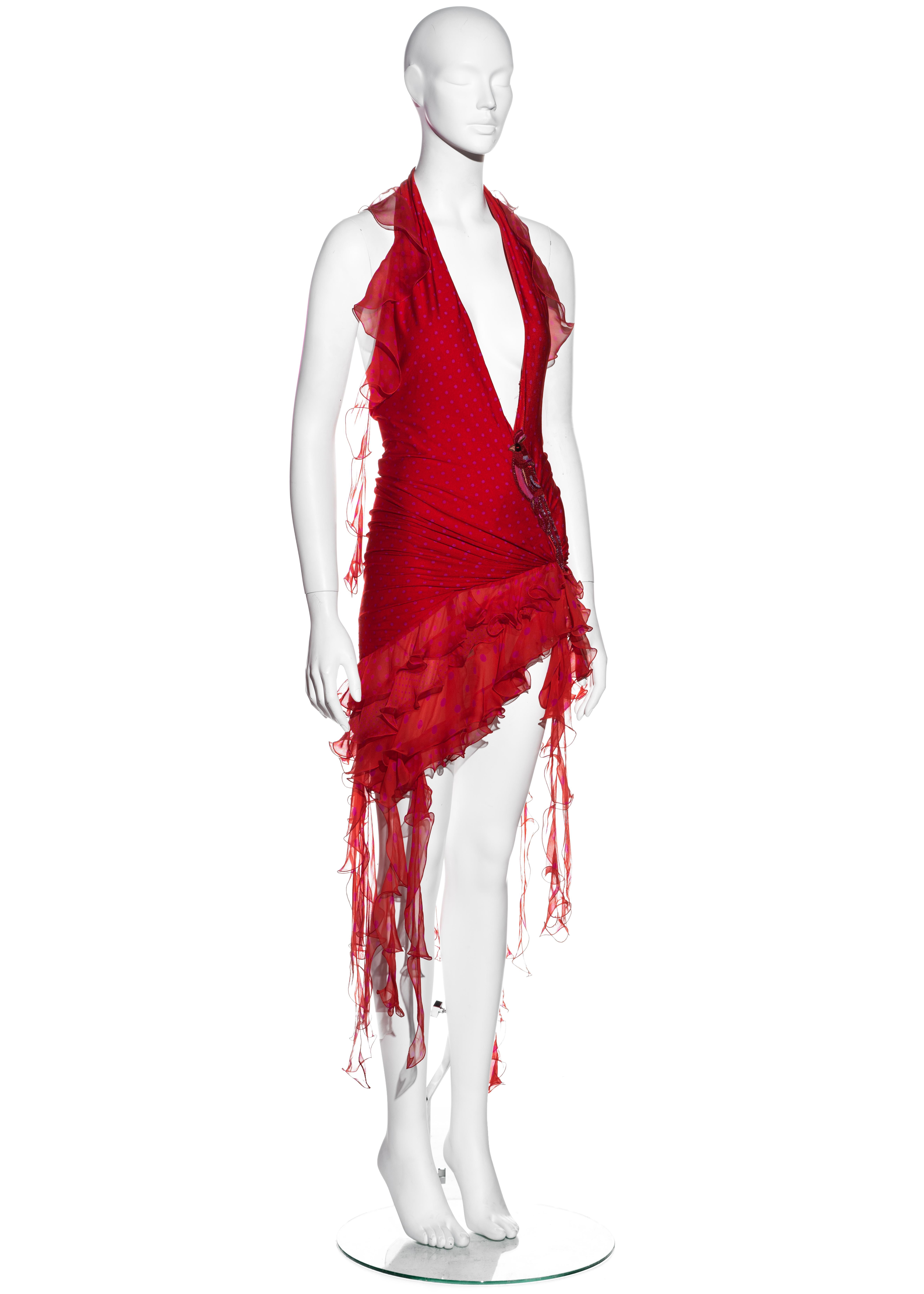 Gray Emanuel Ungaro red and pink silk low plunge ruffled evening mini dress, ss 2003