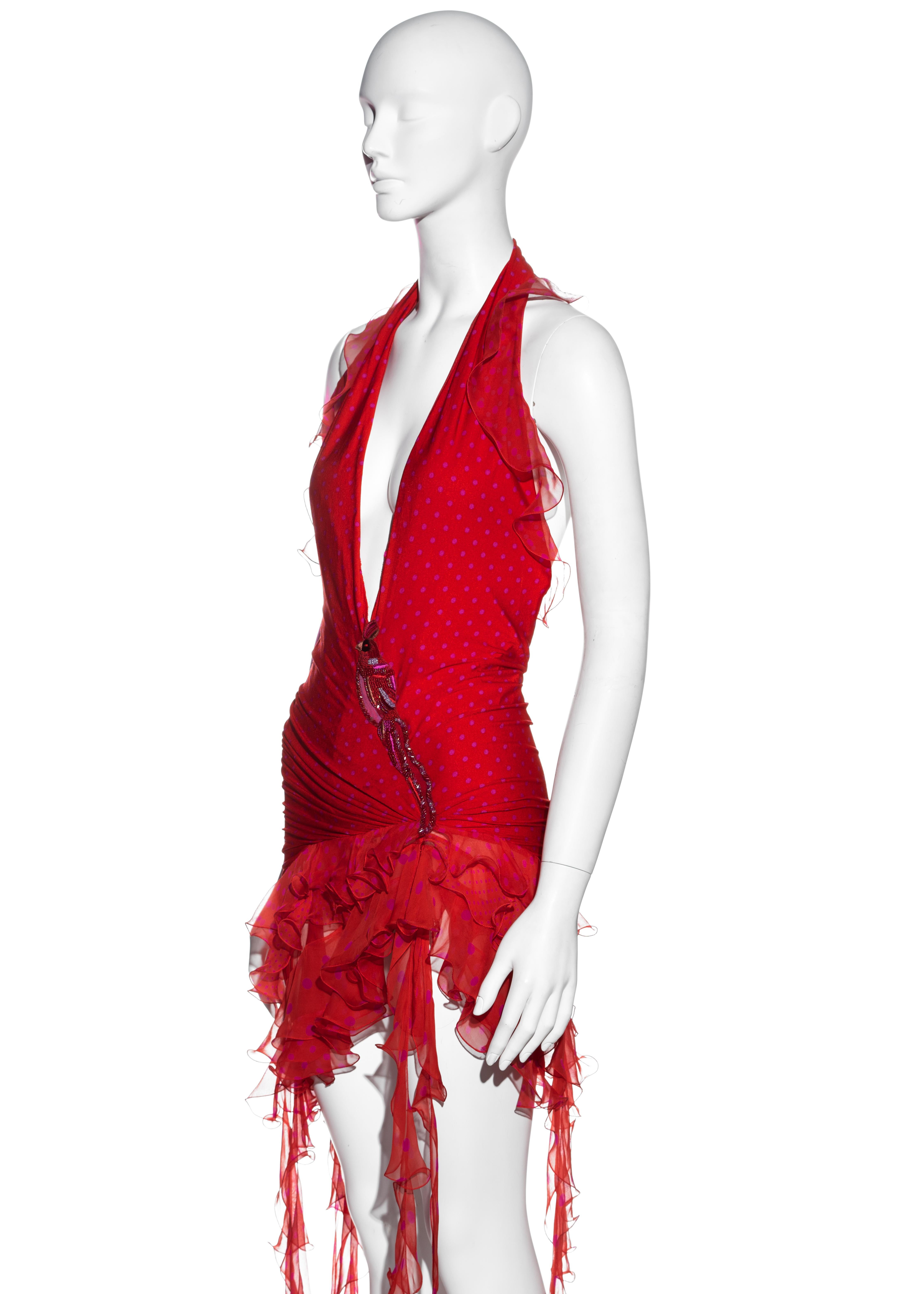 Emanuel Ungaro red and pink silk low plunge ruffled evening mini dress, ss 2003 In Excellent Condition In London, GB