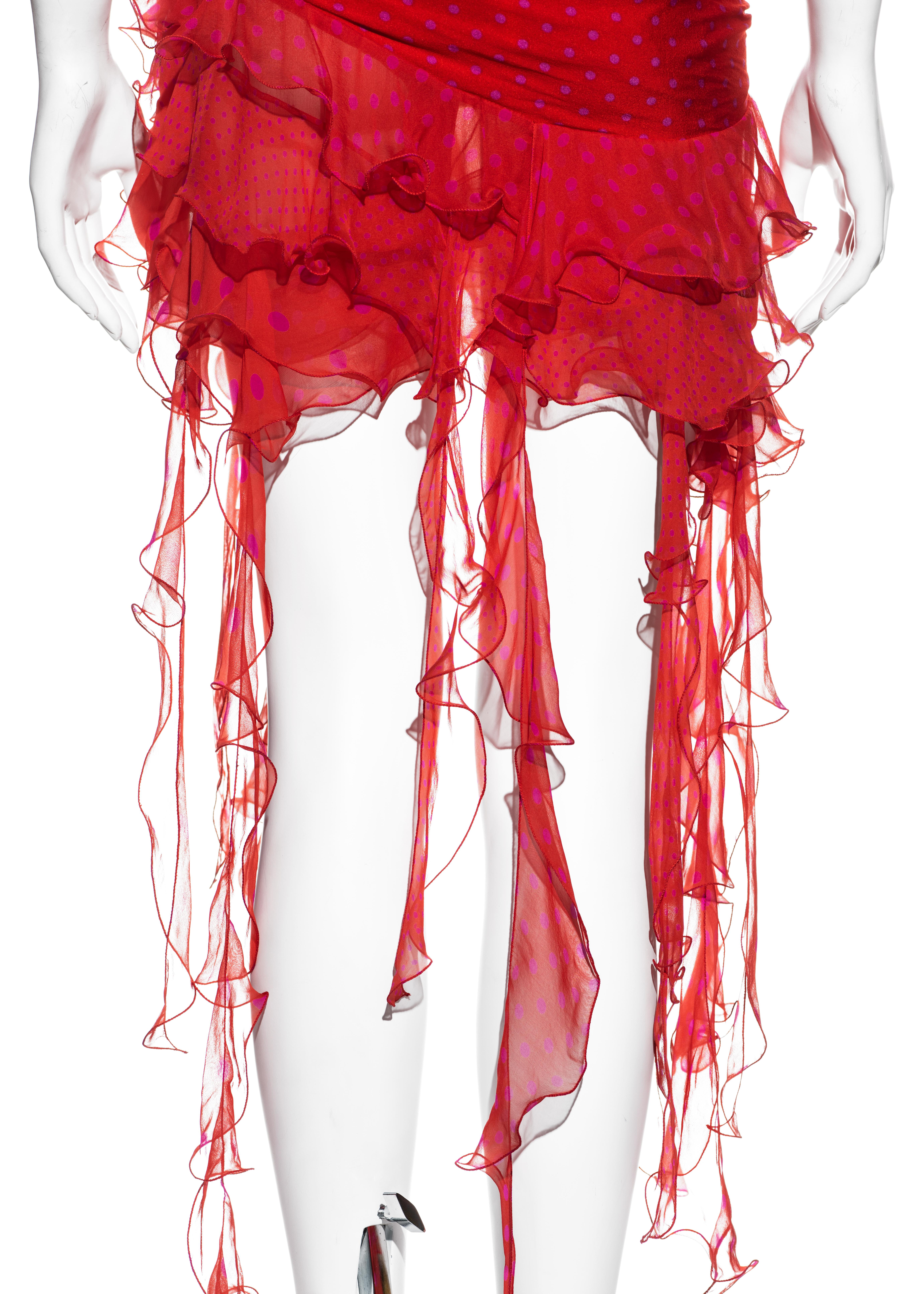 Emanuel Ungaro red and pink silk low plunge ruffled evening mini dress, ss 2003 1