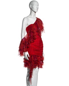 Emanuel Ungaro red and pink strapless mini dress and infinity scarf, ss 2003