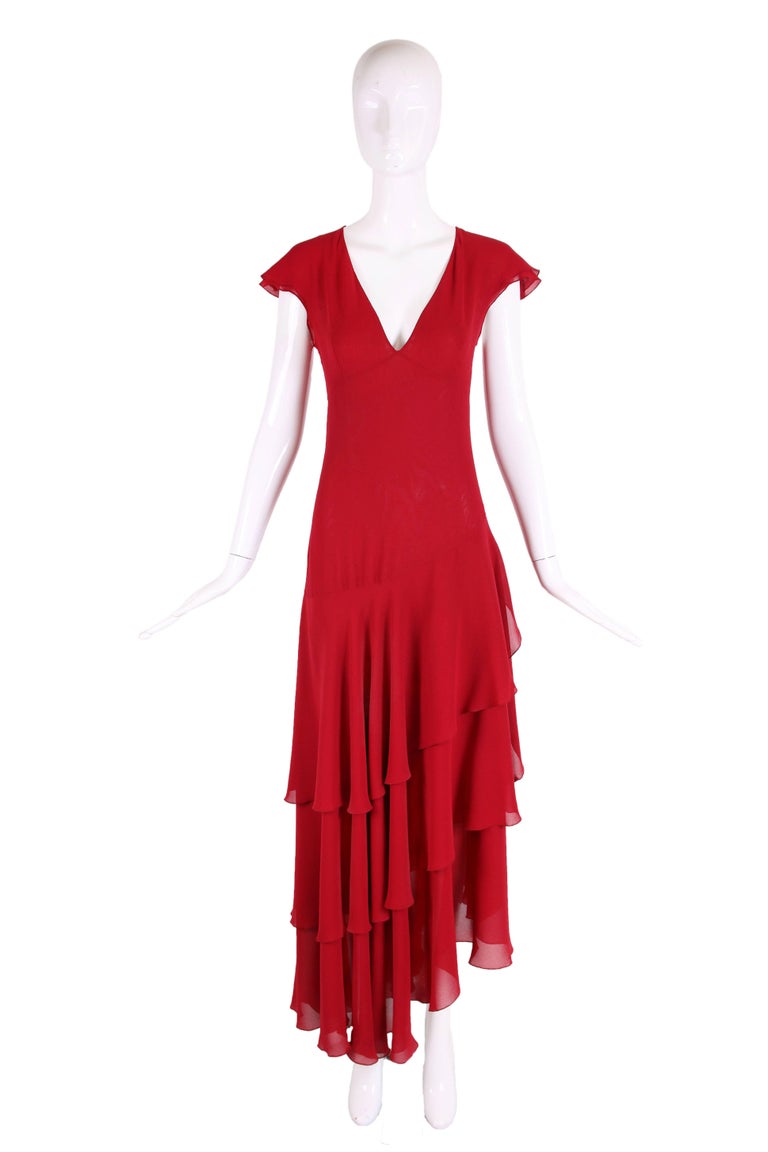 Emanuel Ungaro Red Silk Gown W/Ruffle Hem at 1stDibs