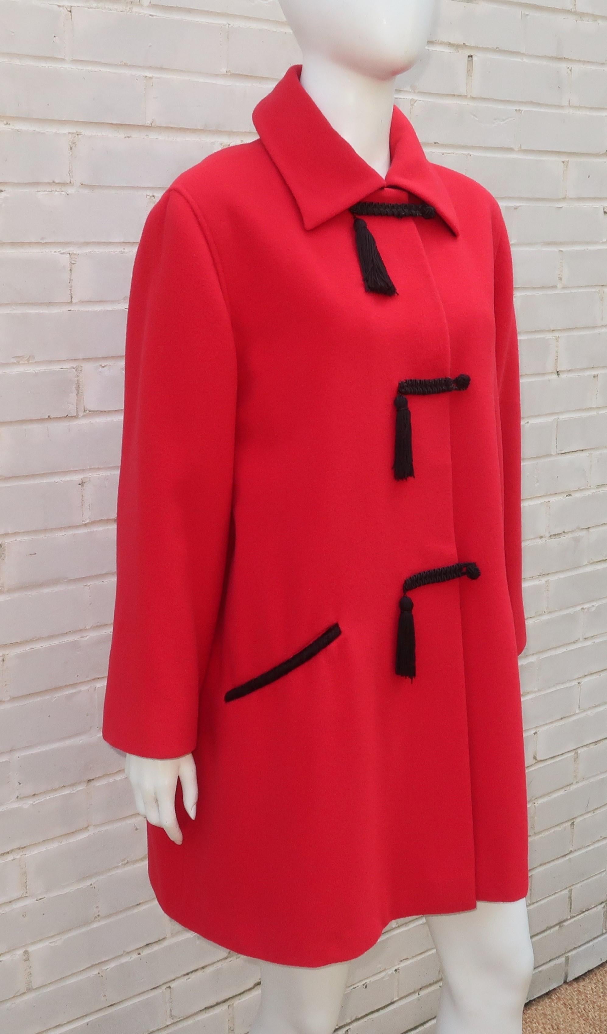 Emanuel Ungaro Red Wool Car Coat With Black Tassels, 1980's In Good Condition In Atlanta, GA