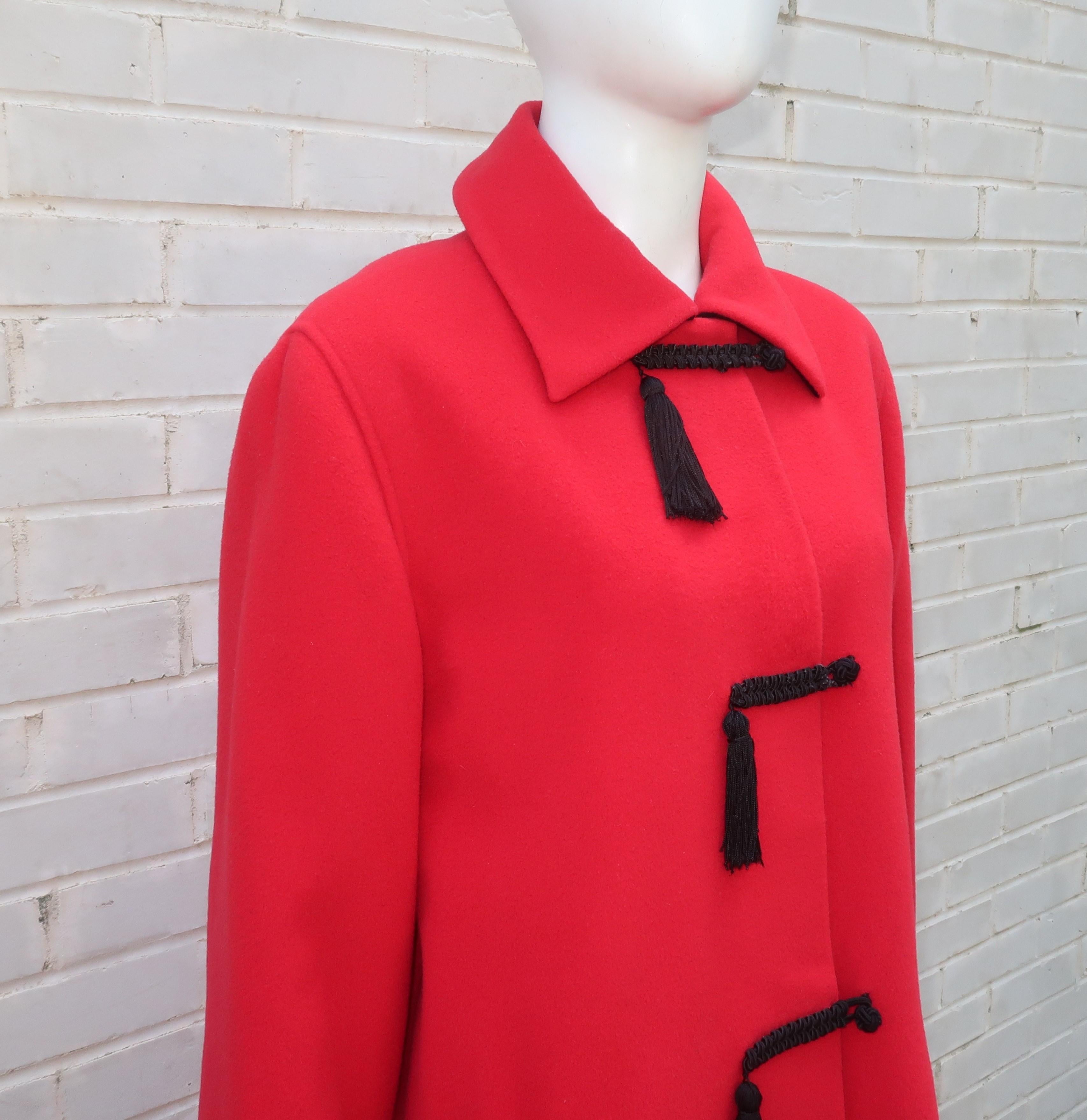 Women's Emanuel Ungaro Red Wool Car Coat With Black Tassels, 1980's