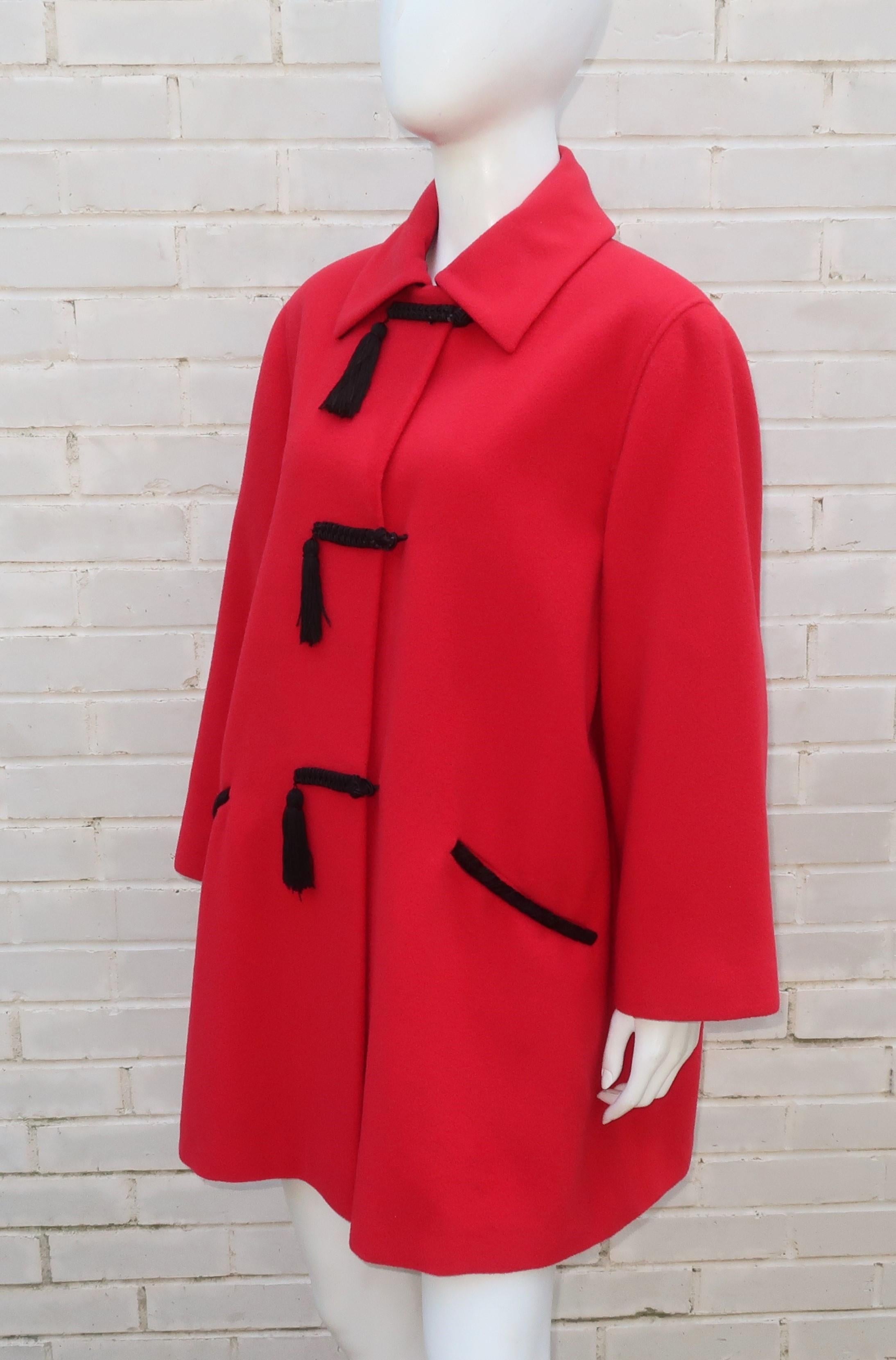 Emanuel Ungaro Red Wool Car Coat With Black Tassels, 1980's 1