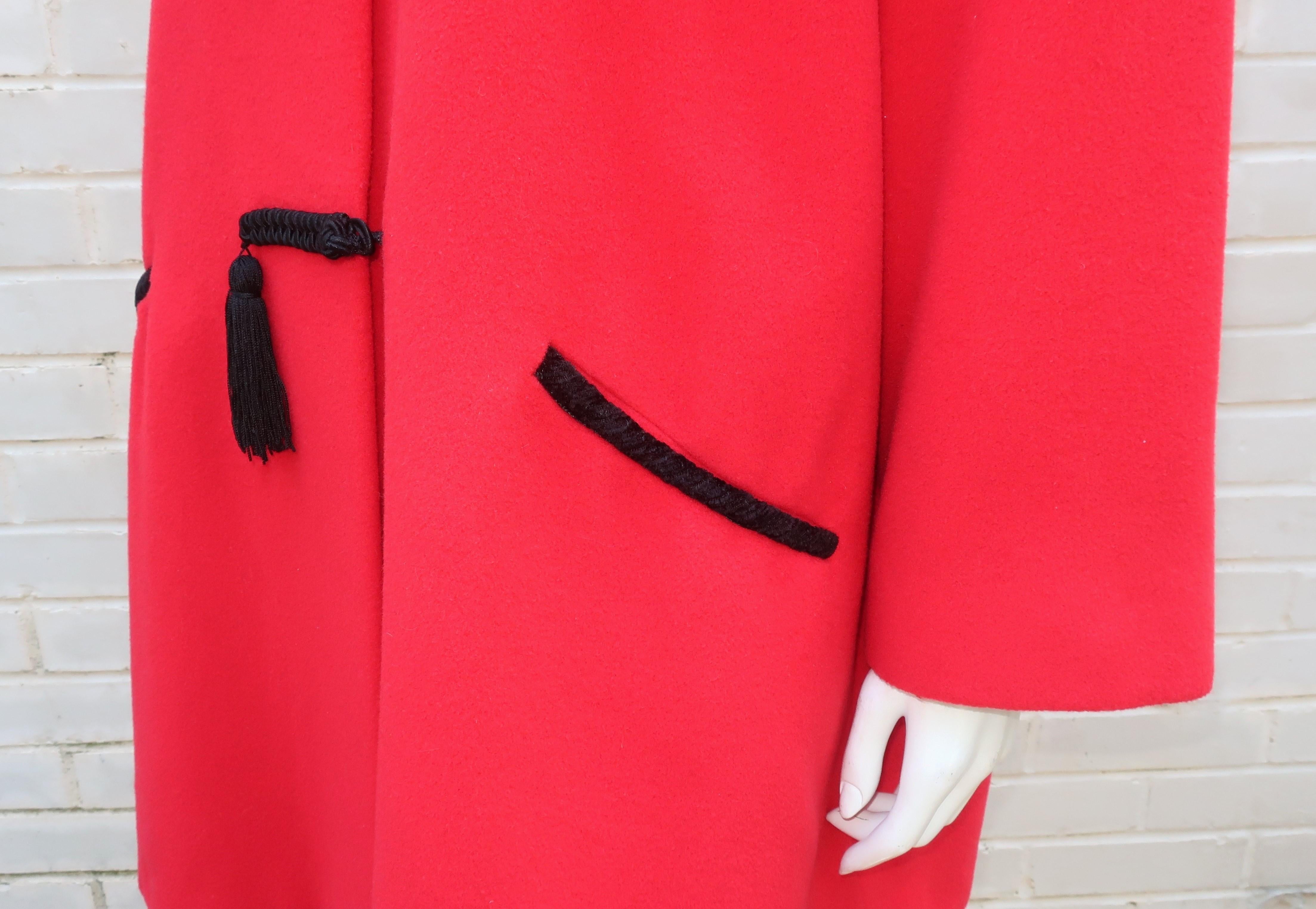 Emanuel Ungaro Red Wool Car Coat With Black Tassels, 1980's 2