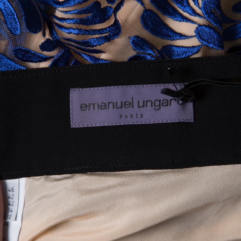 Emanuel Ungaro Royal Blue Tulle Foliage Embroidered Maxi Skirt L In Good Condition In Dubai, Al Qouz 2