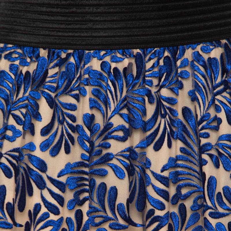 Women's Emanuel Ungaro Royal Blue Tulle Foliage Embroidered Maxi Skirt L