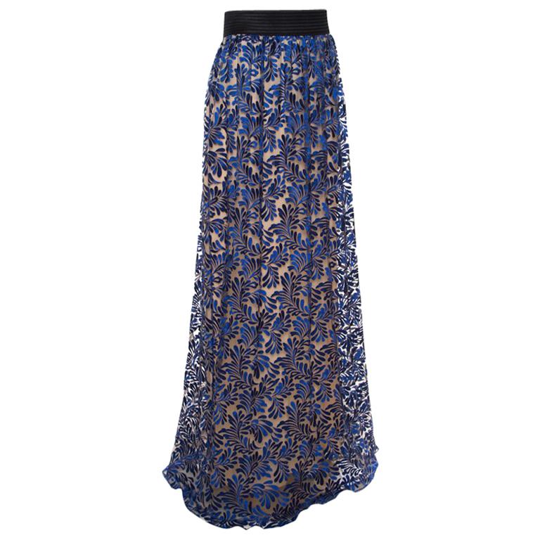 Emanuel Ungaro Royal Blue Tulle Foliage Embroidered Maxi Skirt L