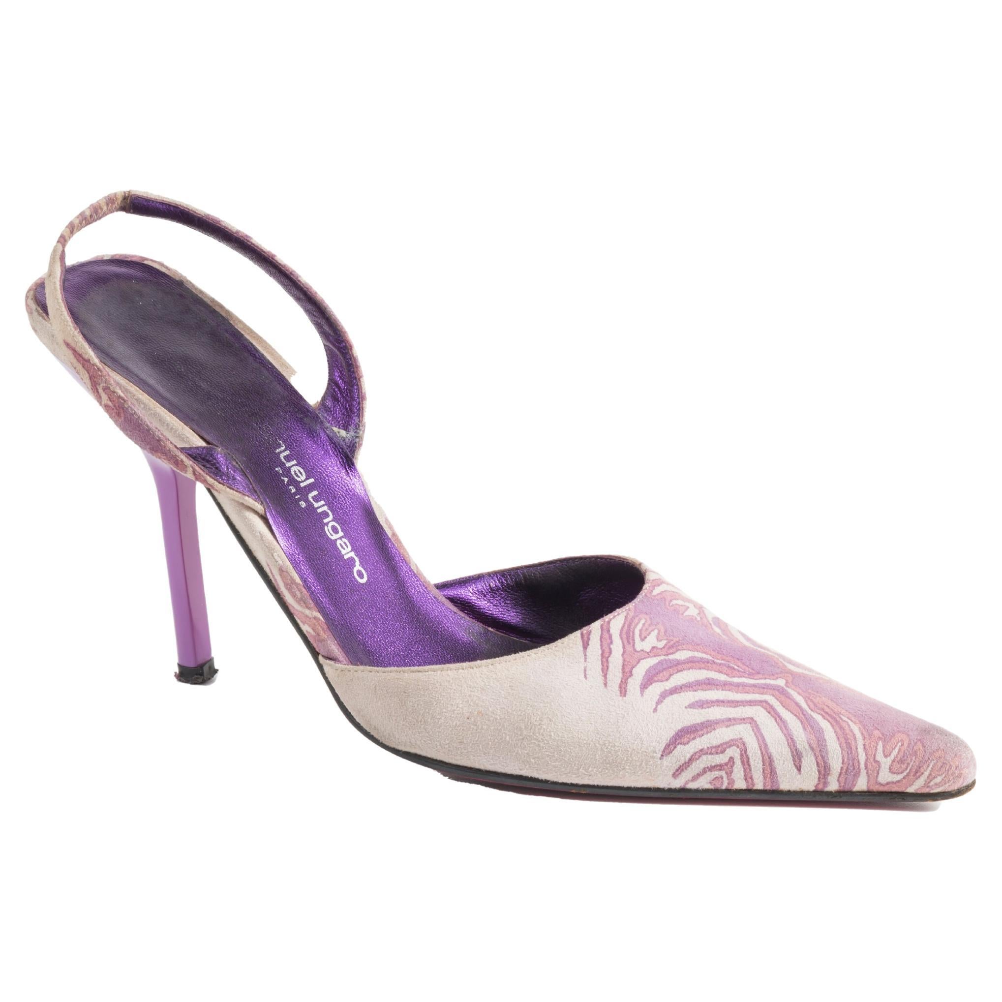 Emanuel Ungaro S/S 2001 lilac suede zebra slingbacks