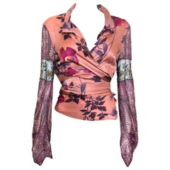 Emanuel Ungaro S/S 2004 Peach Floral & Paisley Print Beaded Lace-Panel Wrap Blouse