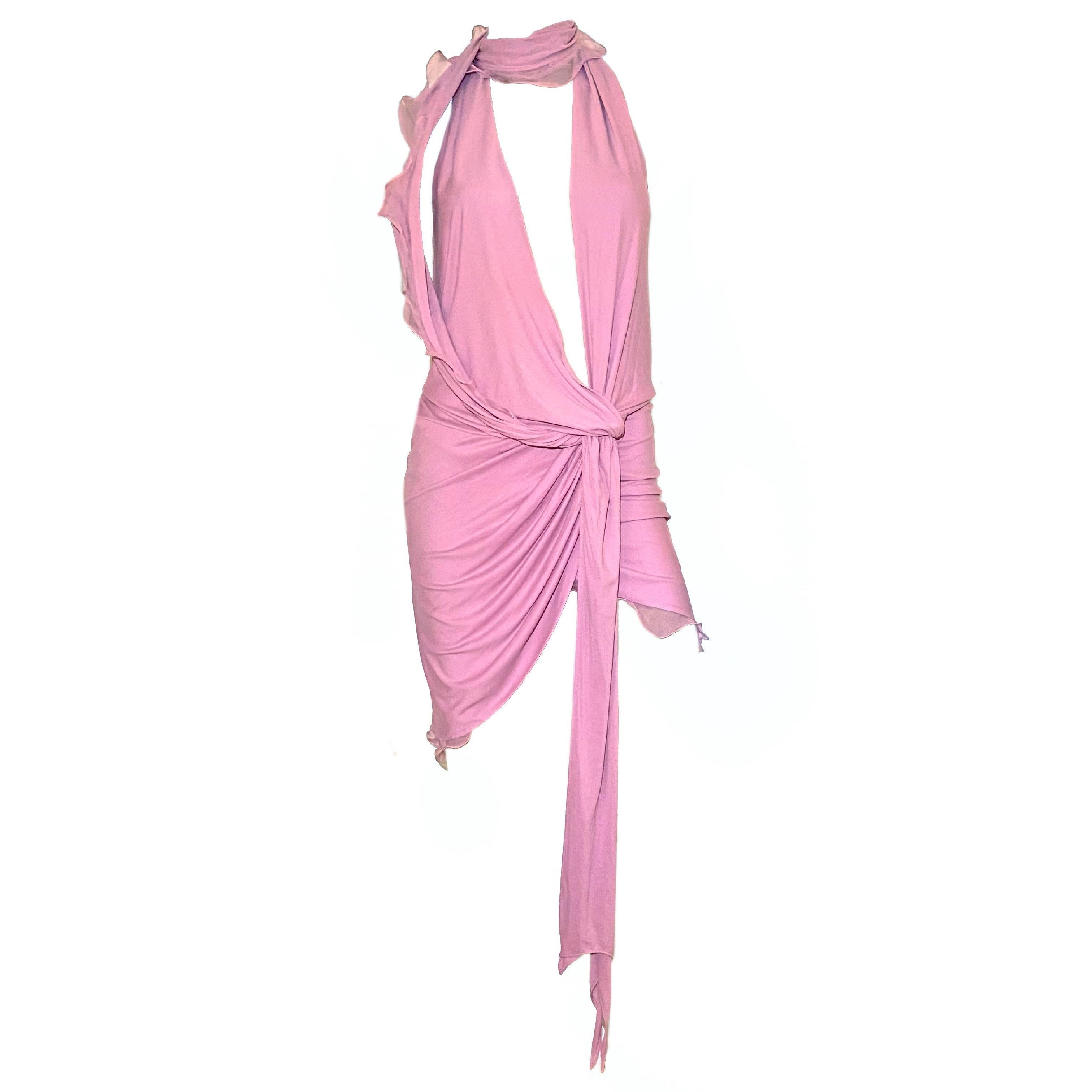 Emanuel Ungaro by Giambattista Valli pink viscose mini dress with asymmetric low plunge and front slit from Spring/Summer 2004 (look 01, worn by Larissa Castro)

•Waist knot tie with waistline draping
•Shoulder band (can be wrapped around the neck
