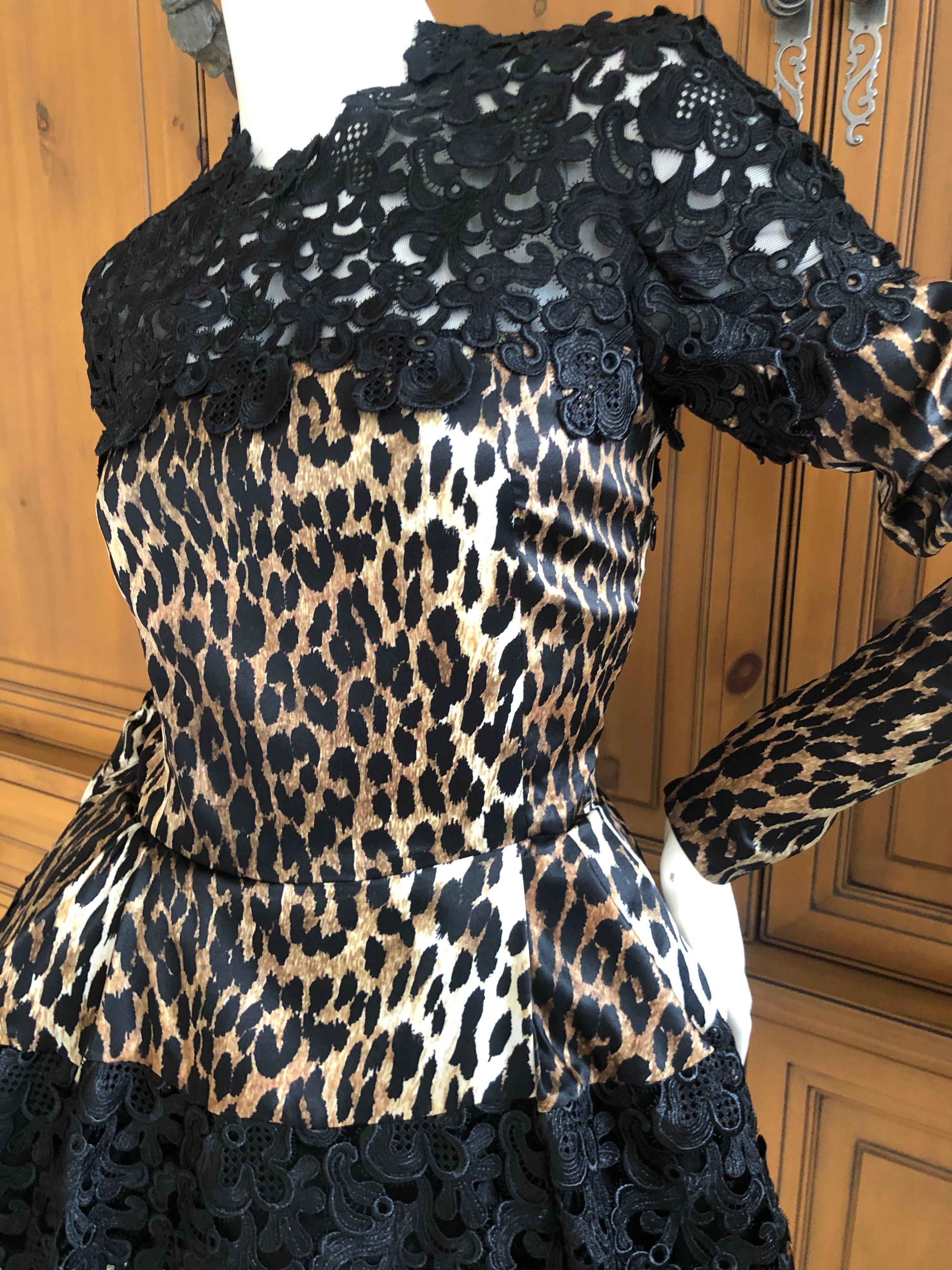 Black Emanuel Ungaro Seventies Guipure Lace Leopard Print Pouf Mini Dress For Sale