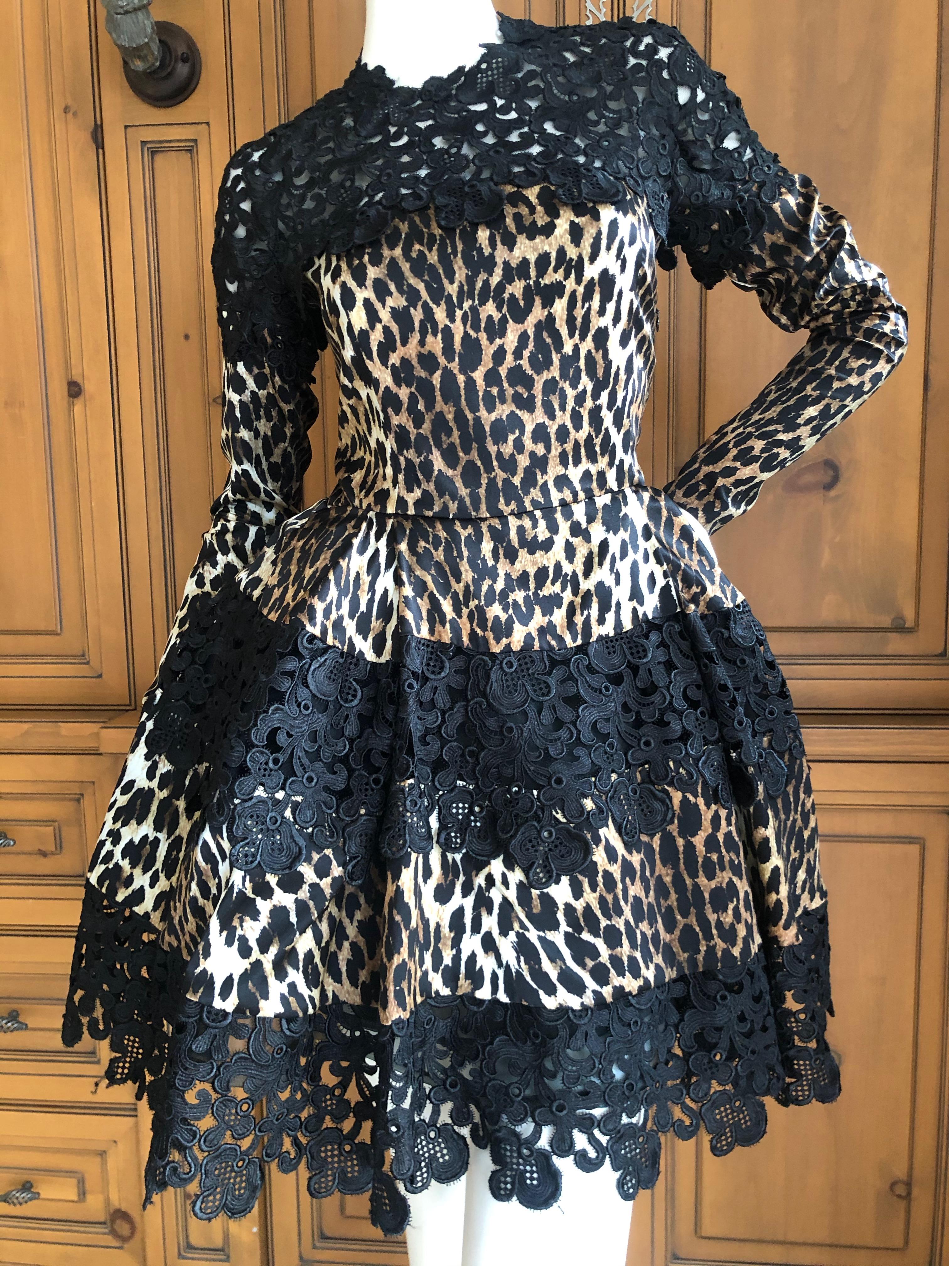 Emanuel Ungaro Seventies Guipure Lace Leopard Print Pouf Mini Dress For Sale 1